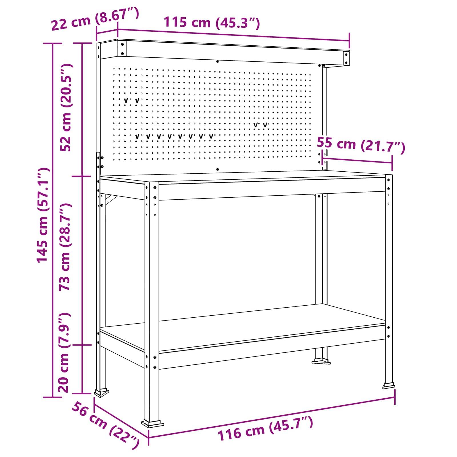 Werkbank mit Lochplatte, Regal und Arbeitsbereich. Abmessungen: Höhe 145 cm, Breite 116 cm, Tiefe 56 cm. Lochplatte 52 cm hoch.