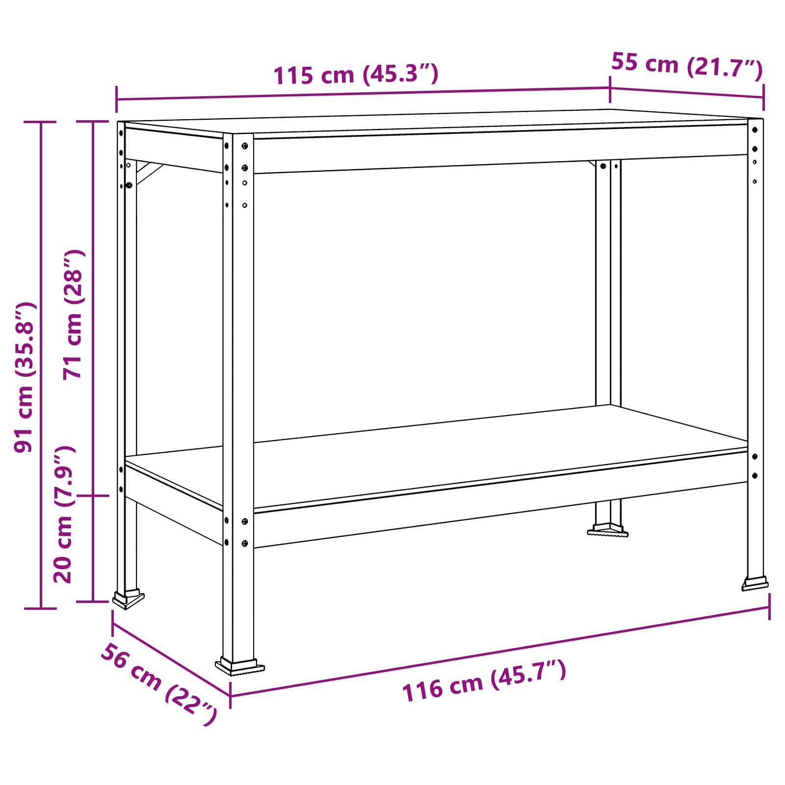 Diagramm eines Tisches mit Abmessungen: Höhe 91 cm (35,8 Zoll), Breite 115 cm (45,3 Zoll), Tiefe 55 cm (21,7 Zoll), Höhe des unteren Regals 20 cm (7,9 Zoll).