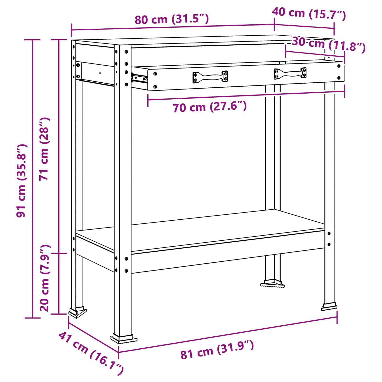 Darstellung einer Werkbank mit Maßen: Höhe 91 cm, Breite 80 cm, Tiefe 41 cm. Ausgestattet mit einer Schublade von 70 cm Breite, 30 cm Tiefe.