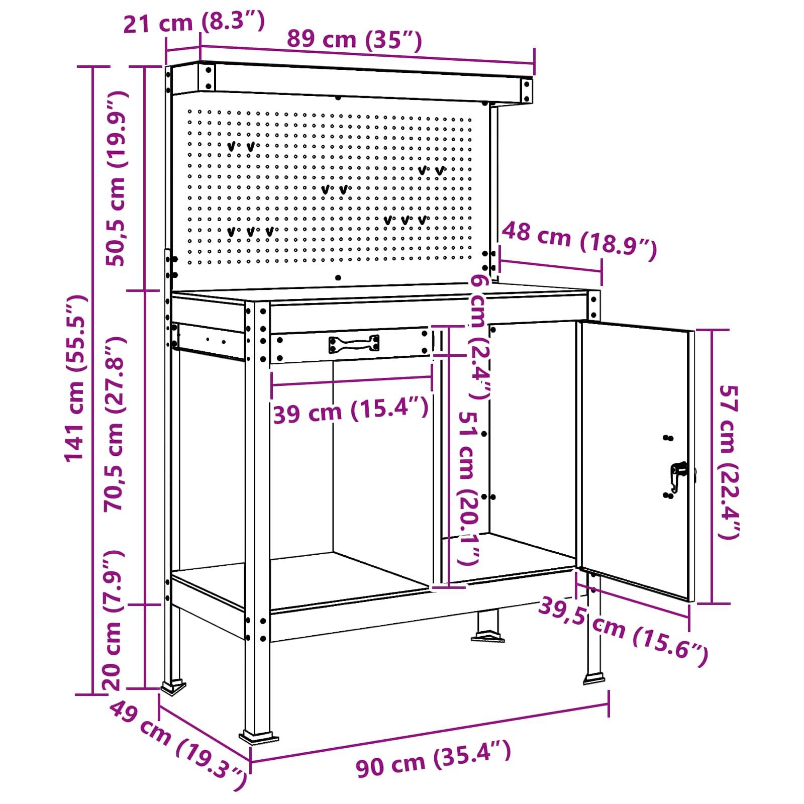 Werkbankdiagramm mit Abmessungen in Zentimetern. Merkmale umfassen eine Lochplatte, eine Schublade, zwei Regale, eine Tür und verstellbare Füße.