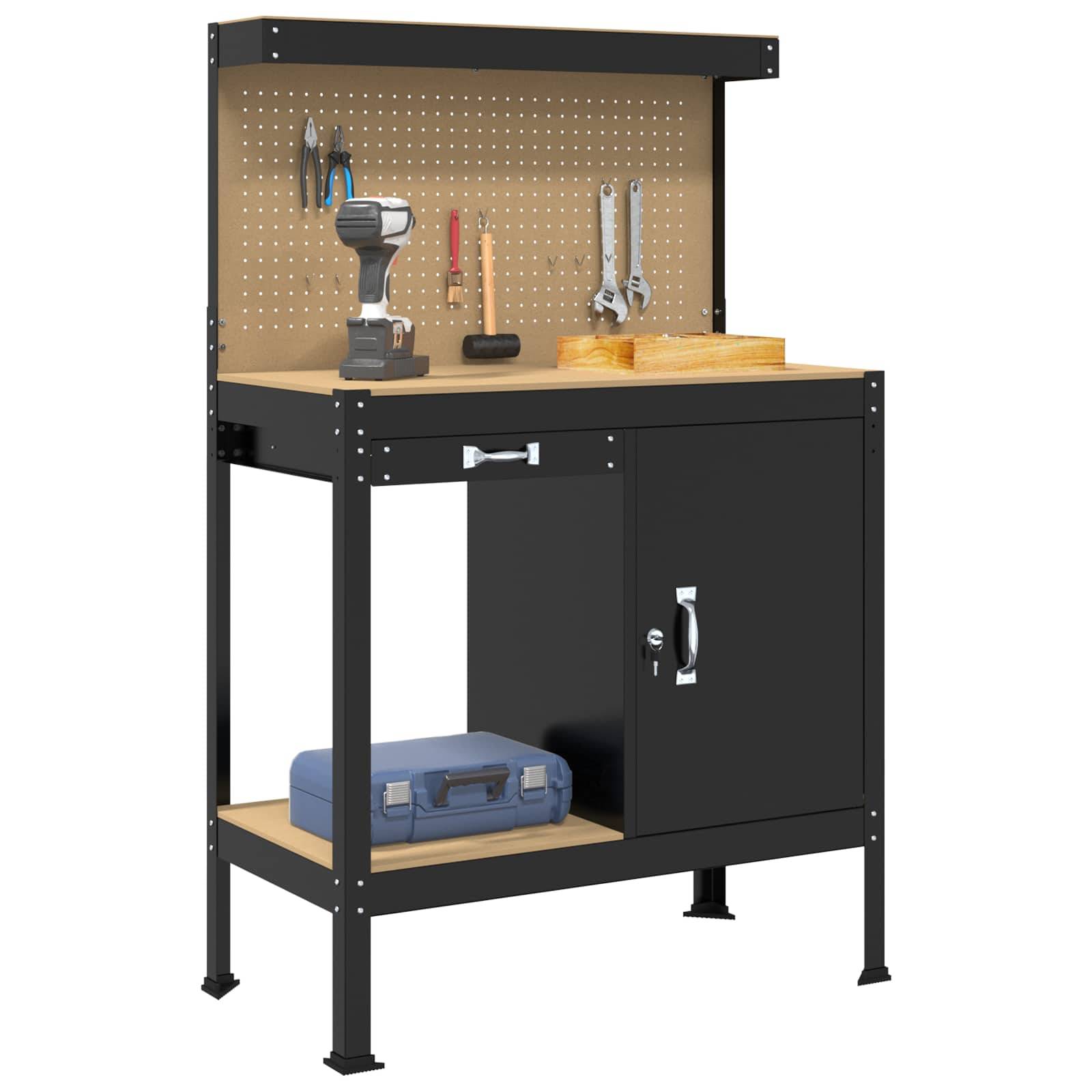 vidaXL Werkbank Schwarz 90 x 49 x 141 cm Sperrholz und Metall