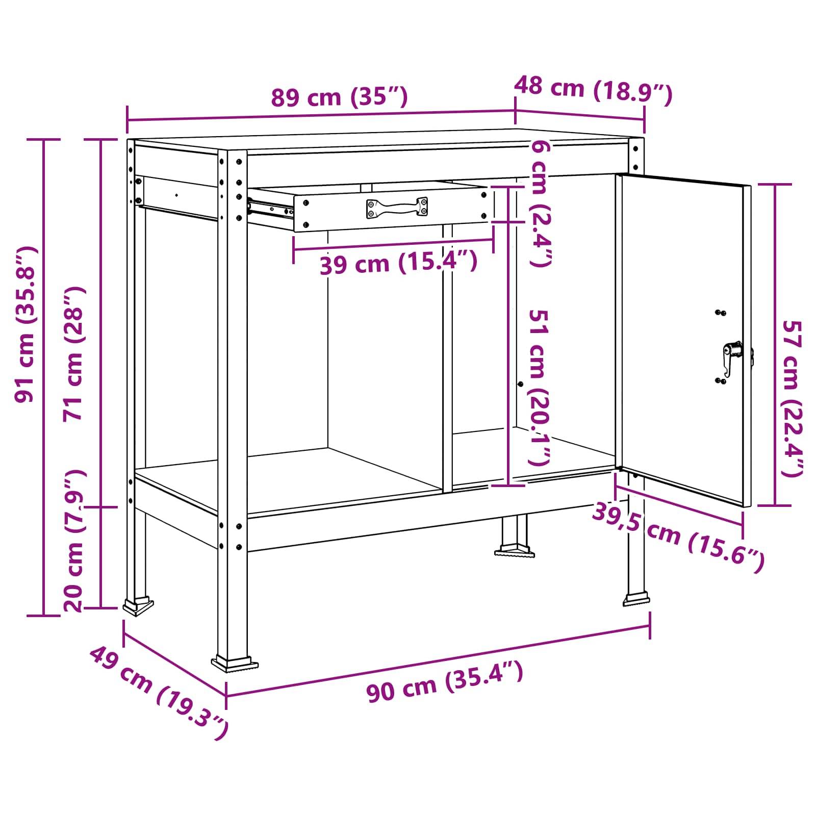 Werkbankabmessungen: Höhe 91 cm, Breite 89 cm, Tiefe 48 cm. Zu den Merkmalen gehören eine Schublade (39 cm breit, 5 cm hoch) und ein Schrank (57 cm hoch).