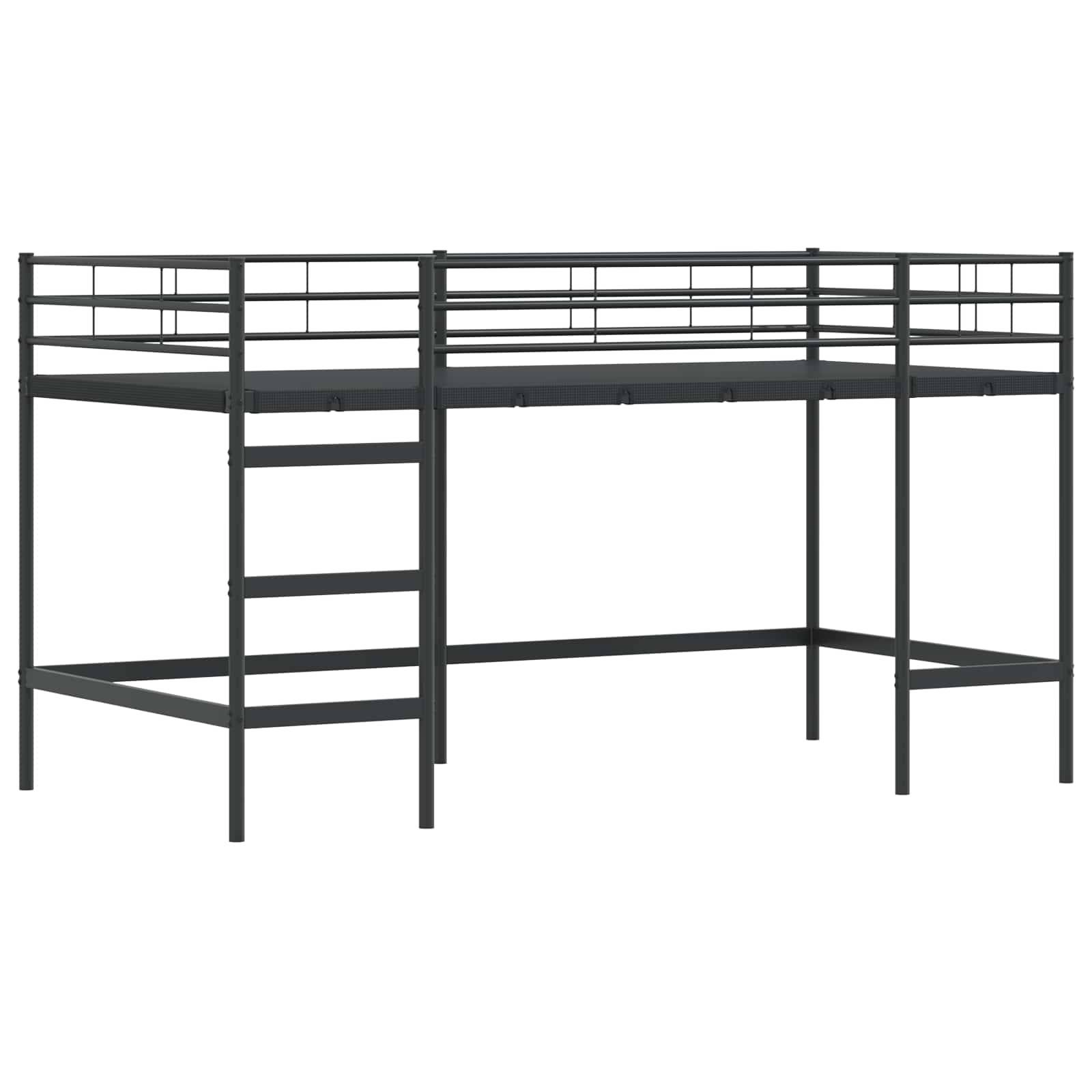 Ein schwarzes Metall-Hochbett mit einer integrierten Leiter auf der linken Seite, das ein minimalistisches Design aufweist. Keine Matratze ist enthalten.