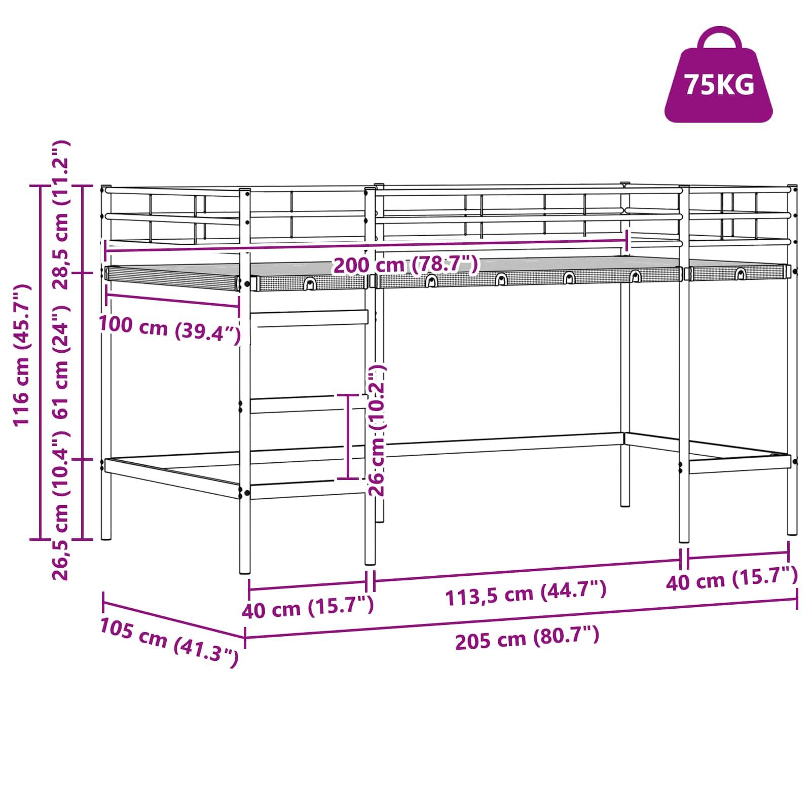 Etagenbett-Rahmen-Diagramm mit Abmessungen: Höhe 116 cm, Länge 200 cm, Breite 105 cm, maximale Belastung 75 kg, Platz darunter 75 cm hoch.