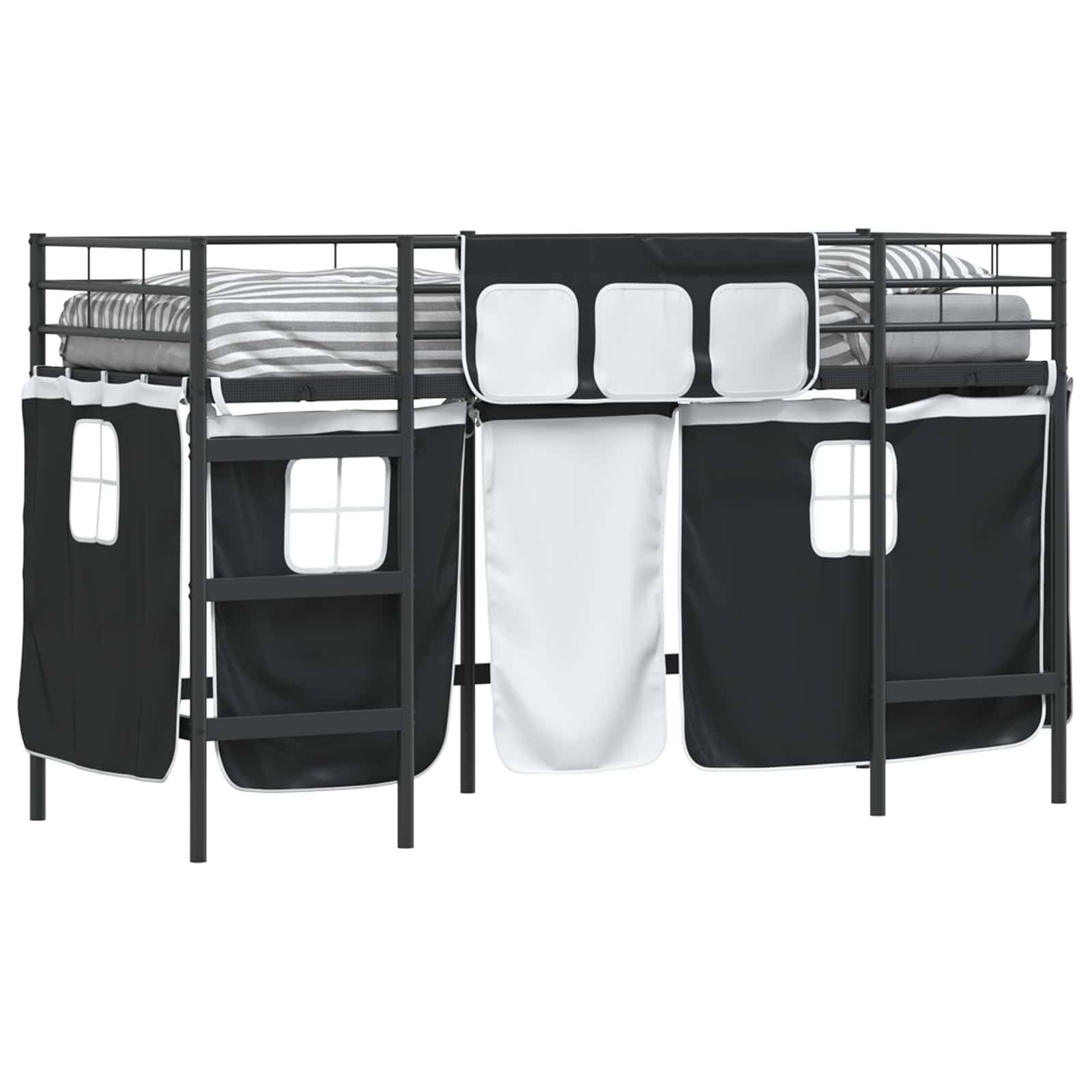 vidaXL Kinder Loft Bettgestell mit Vorhängen Schwarz 90 x 190 cm