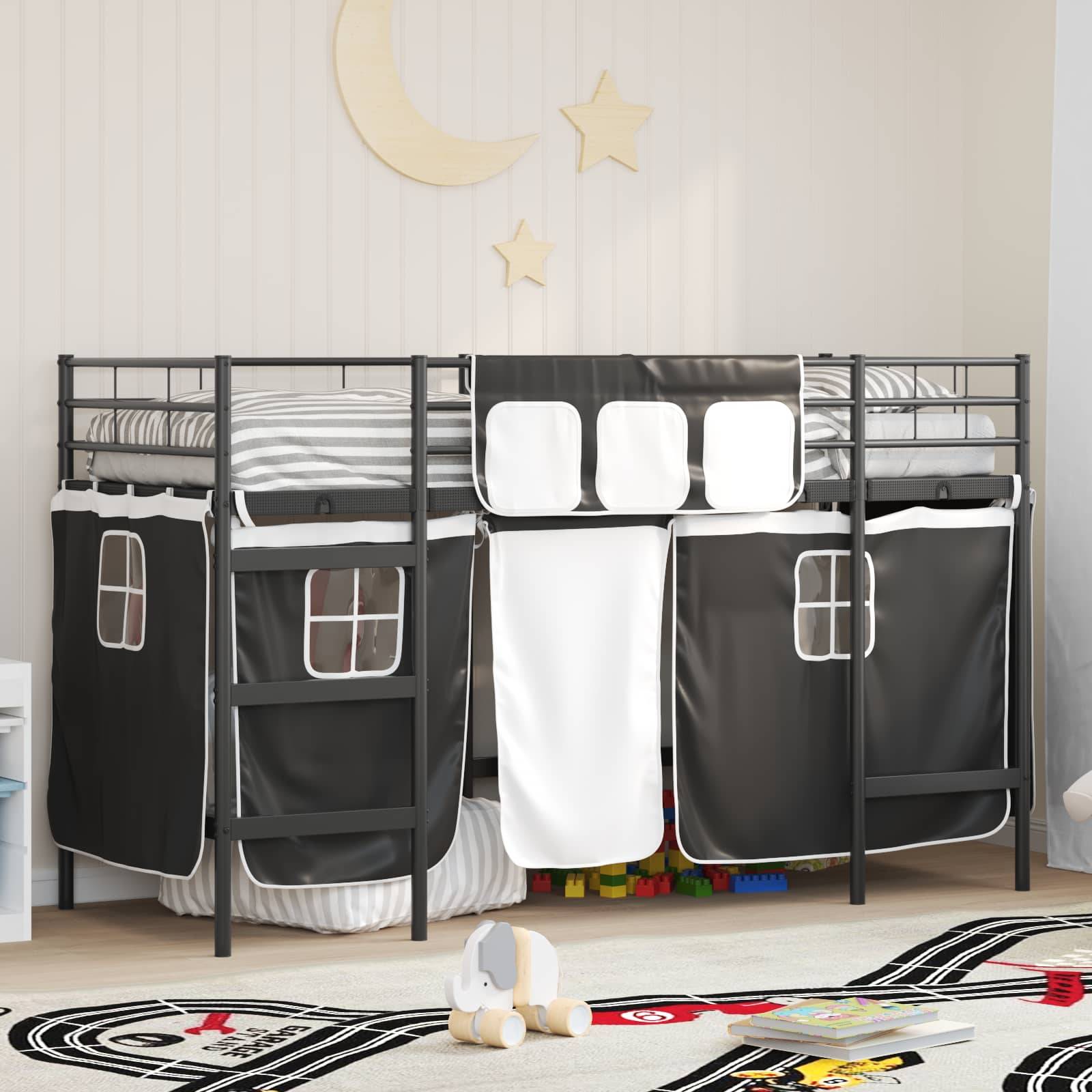 vidaXL Kinder Loft Bettgestell mit Vorhängen Schwarz 75 x 190 cm