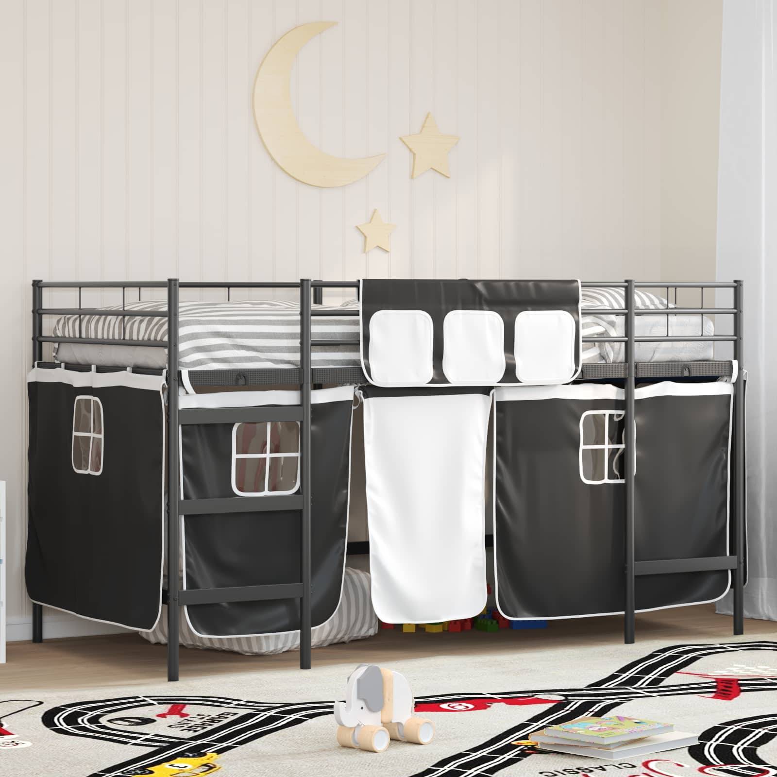 vidaXL Kinder Loft Bettgestell mit Vorhängen Uni Schwarz 100 x 200 cm