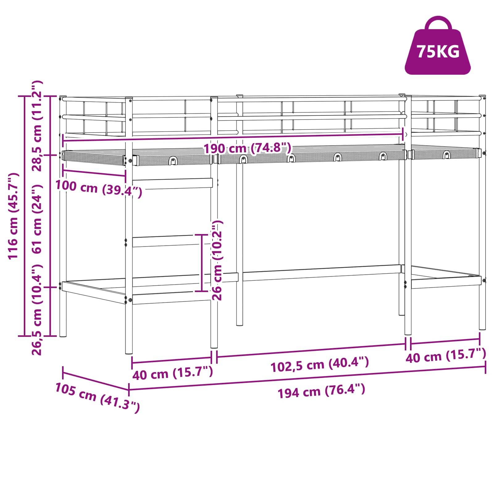 Etagenbettmaße: Höhe 116 cm (45,7