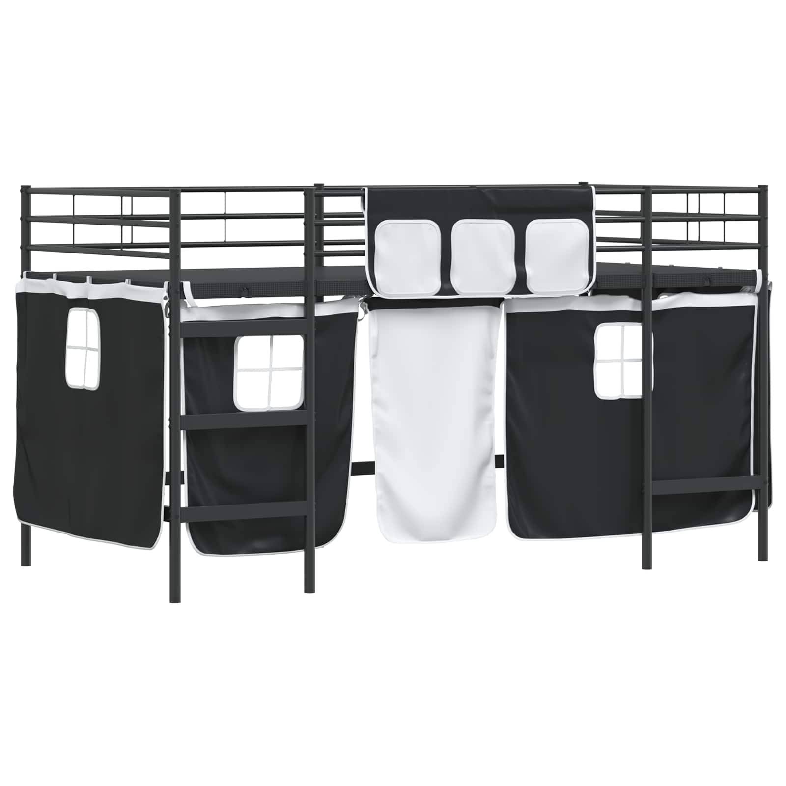 Hochbett für Kinder mit schwarzem Rahmen und schwarz-weißen Stoffzeltseitenseiten mit Fenstern. Leiterzugang an beiden Enden. Ideal zum Spielen.