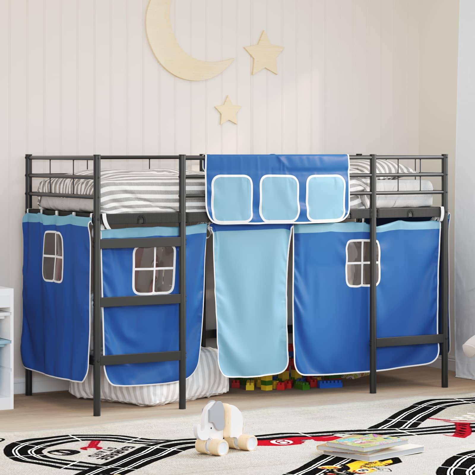 vidaXL Kinder Loft Bettgestell mit Vorhängen Schwarz und Blau