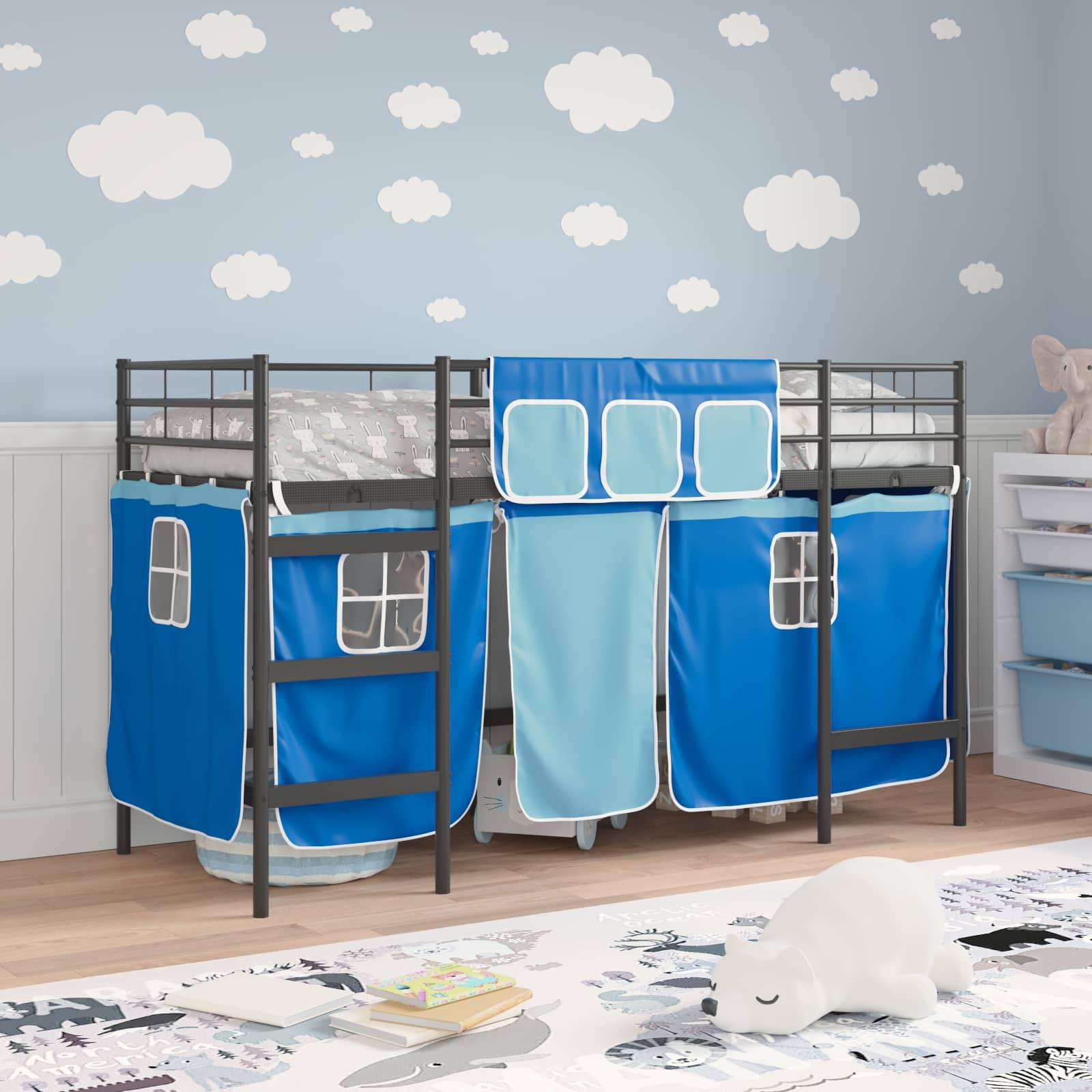 vidaXL Kinder Loft Bettgestell mit Vorhängen Schwarz und Blau