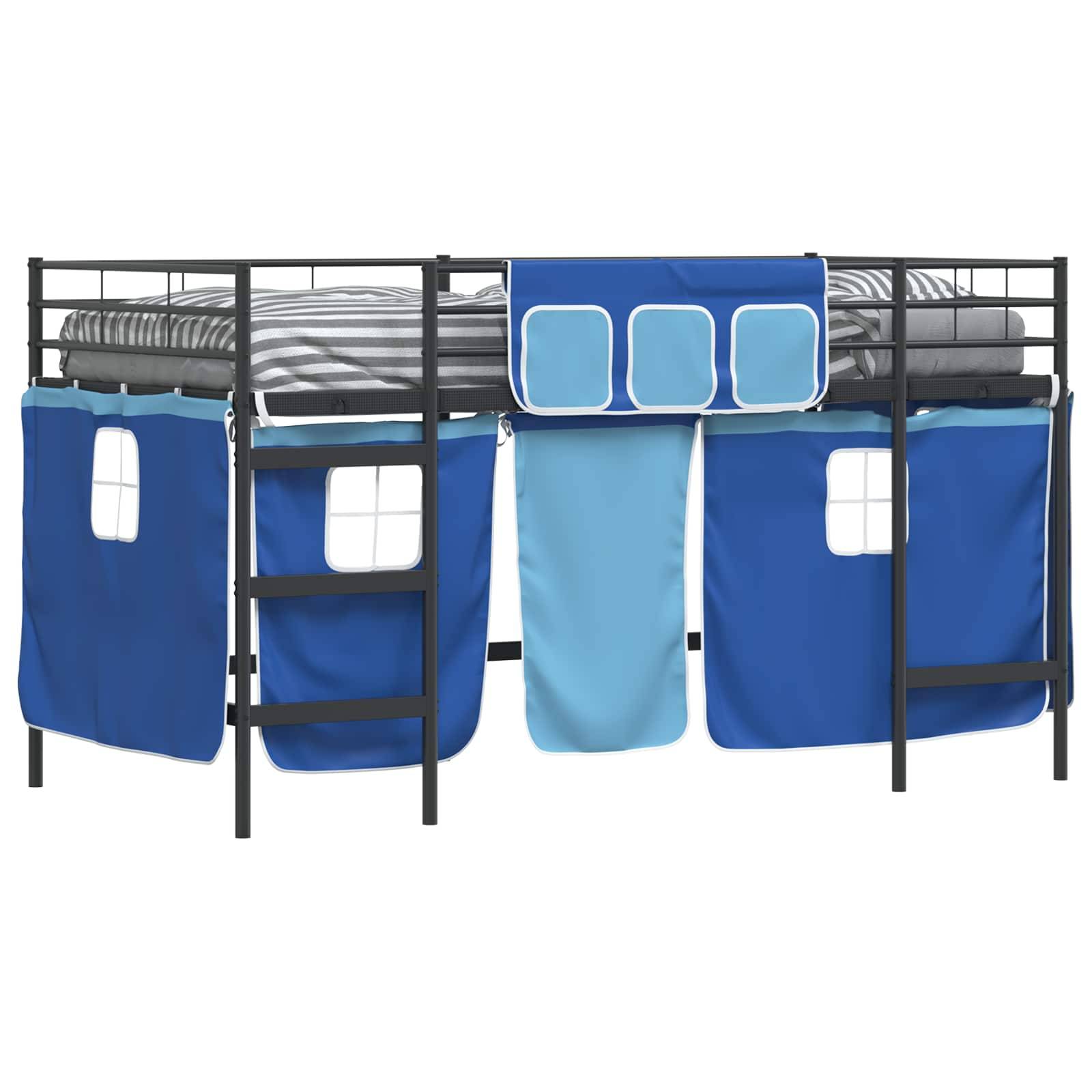 vidaXL Kinder Loft Bettgestell mit Vorhängen Uni Schwarz und Blau