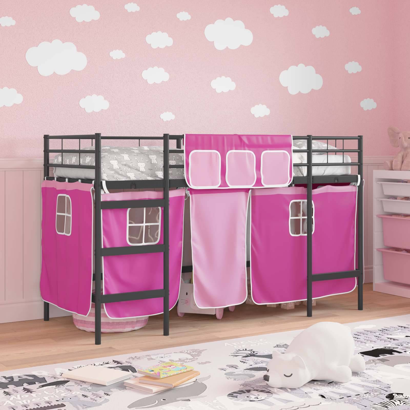 vidaXL Kinder Loft Bettgestell mit Vorhängen Schwarz und Pink