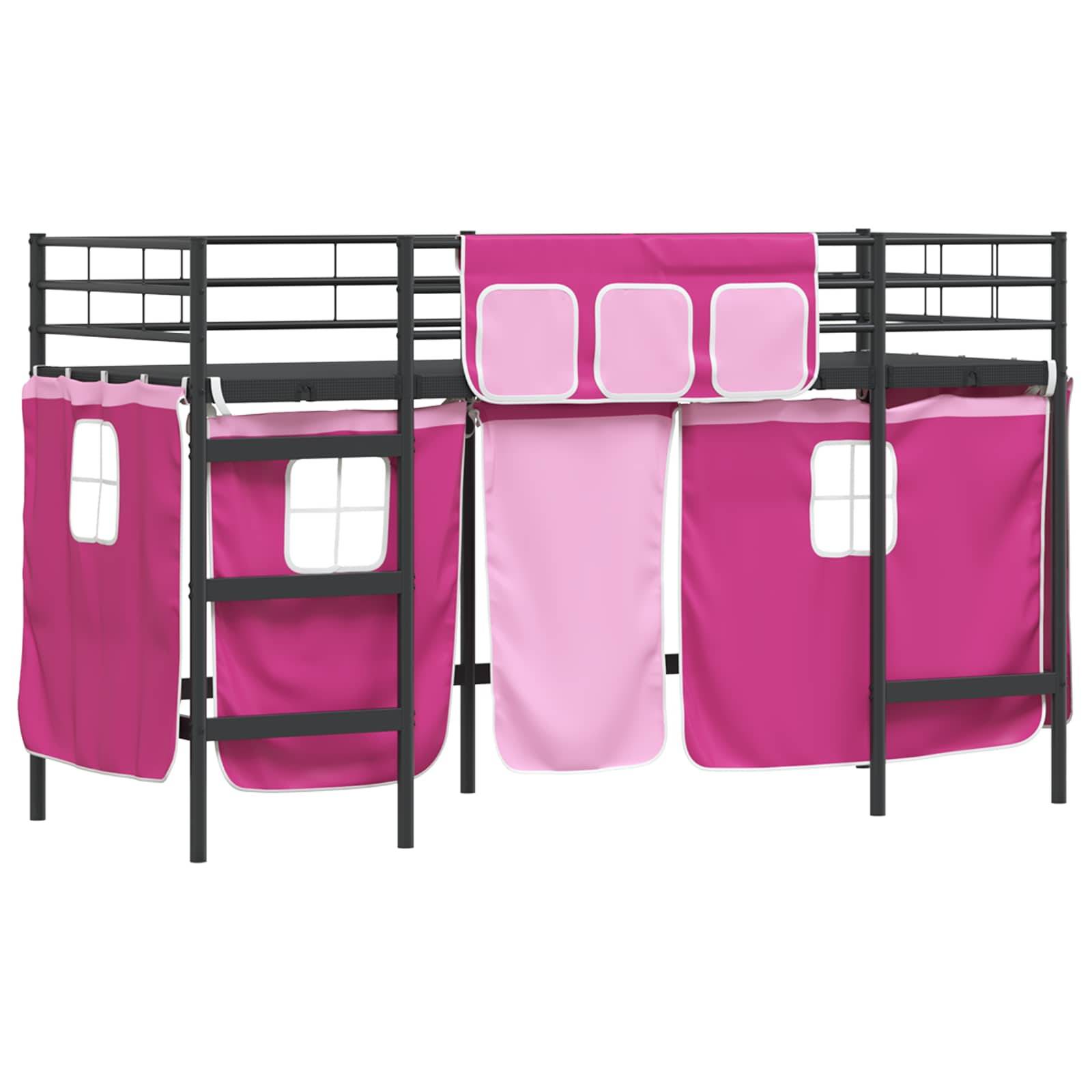 Kinderetagenbett mit rosa und weißem Stoffzelt und Vorhang mit Fensterausschnitten, das einen verspielten und gemütlichen Schlafplatz schafft.