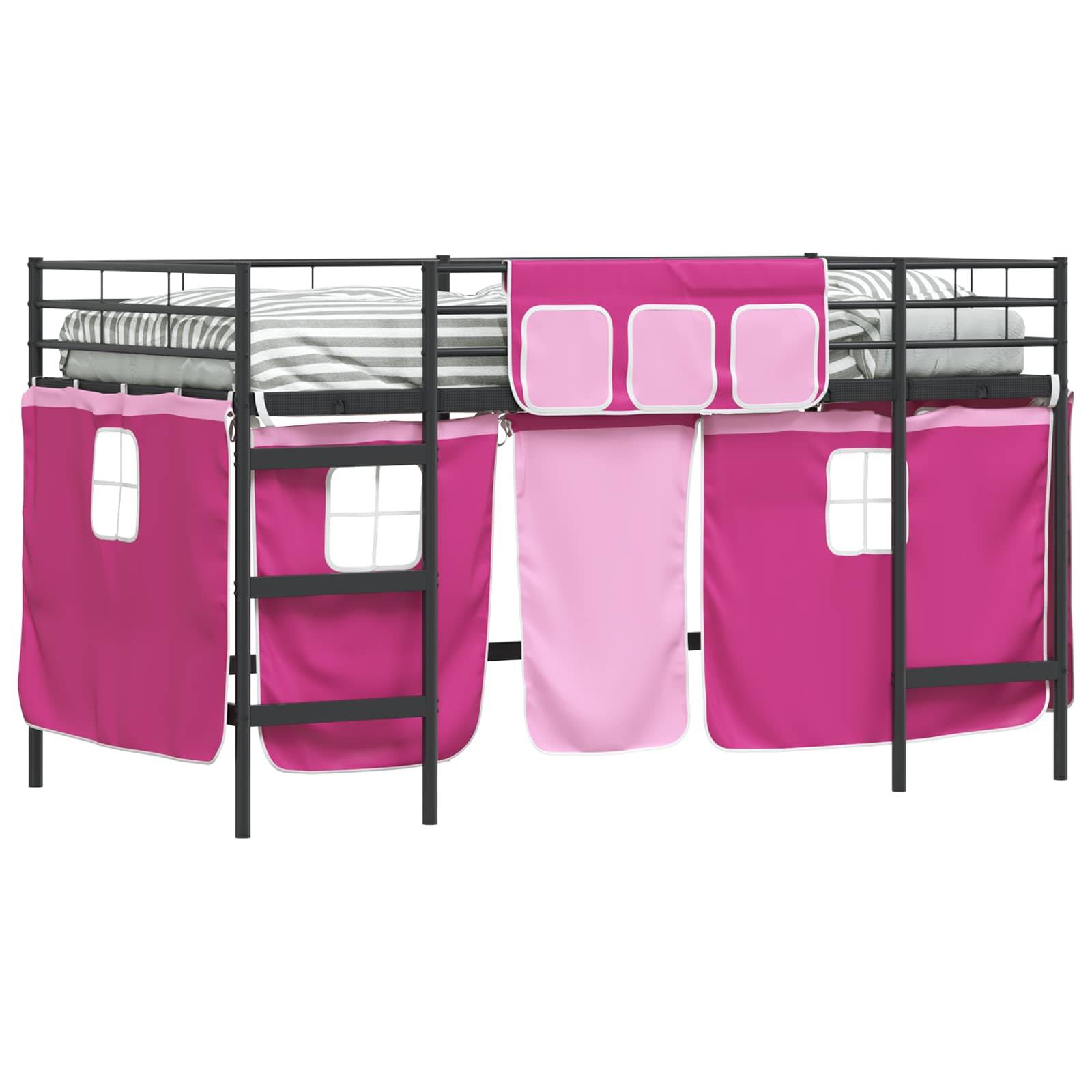 vidaXL Kinder Loft Bettgestell mit Vorhängen Uni Schwarz und Pink