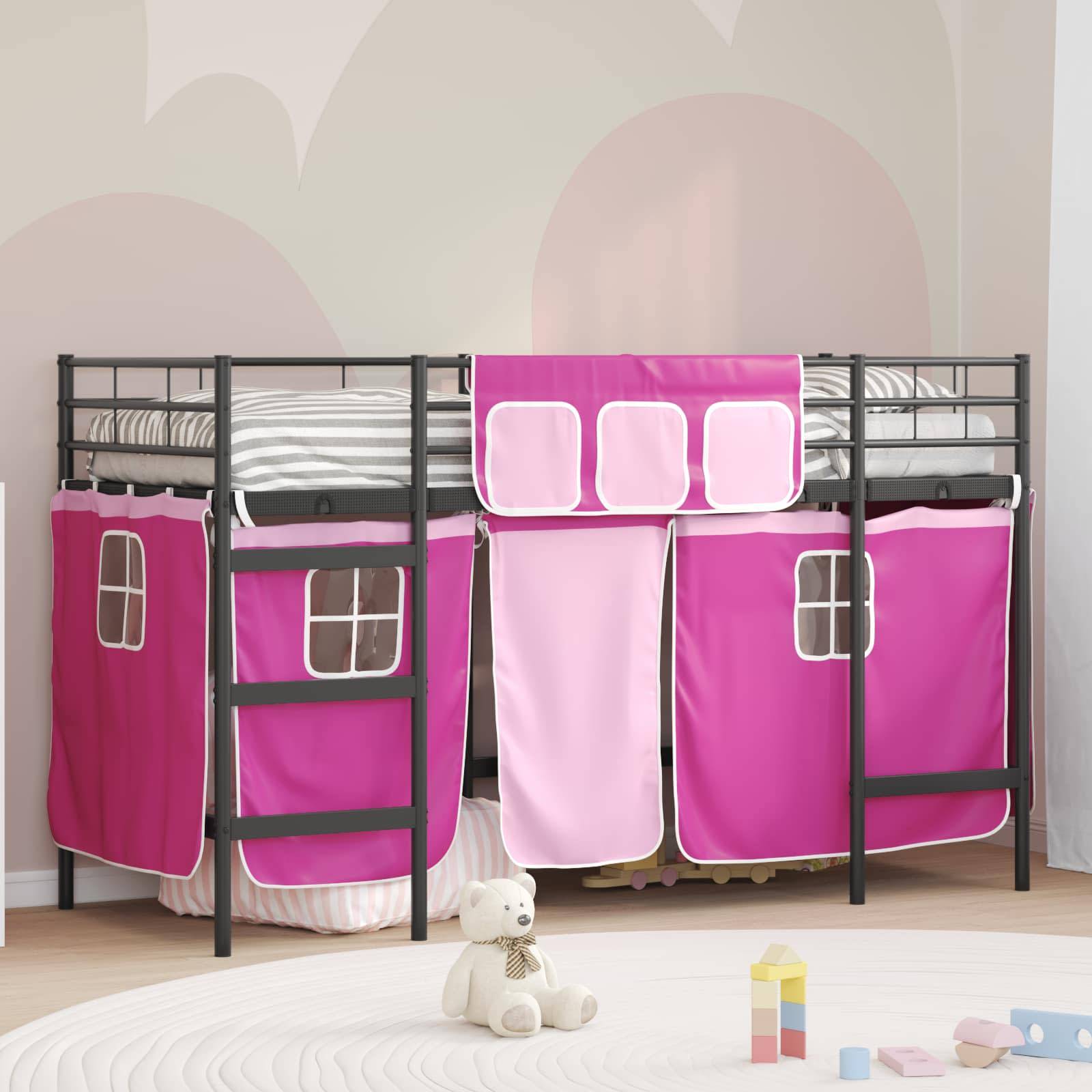 vidaXL Kinder Loft Bettgestell mit Vorhängen Schwarz und Pink