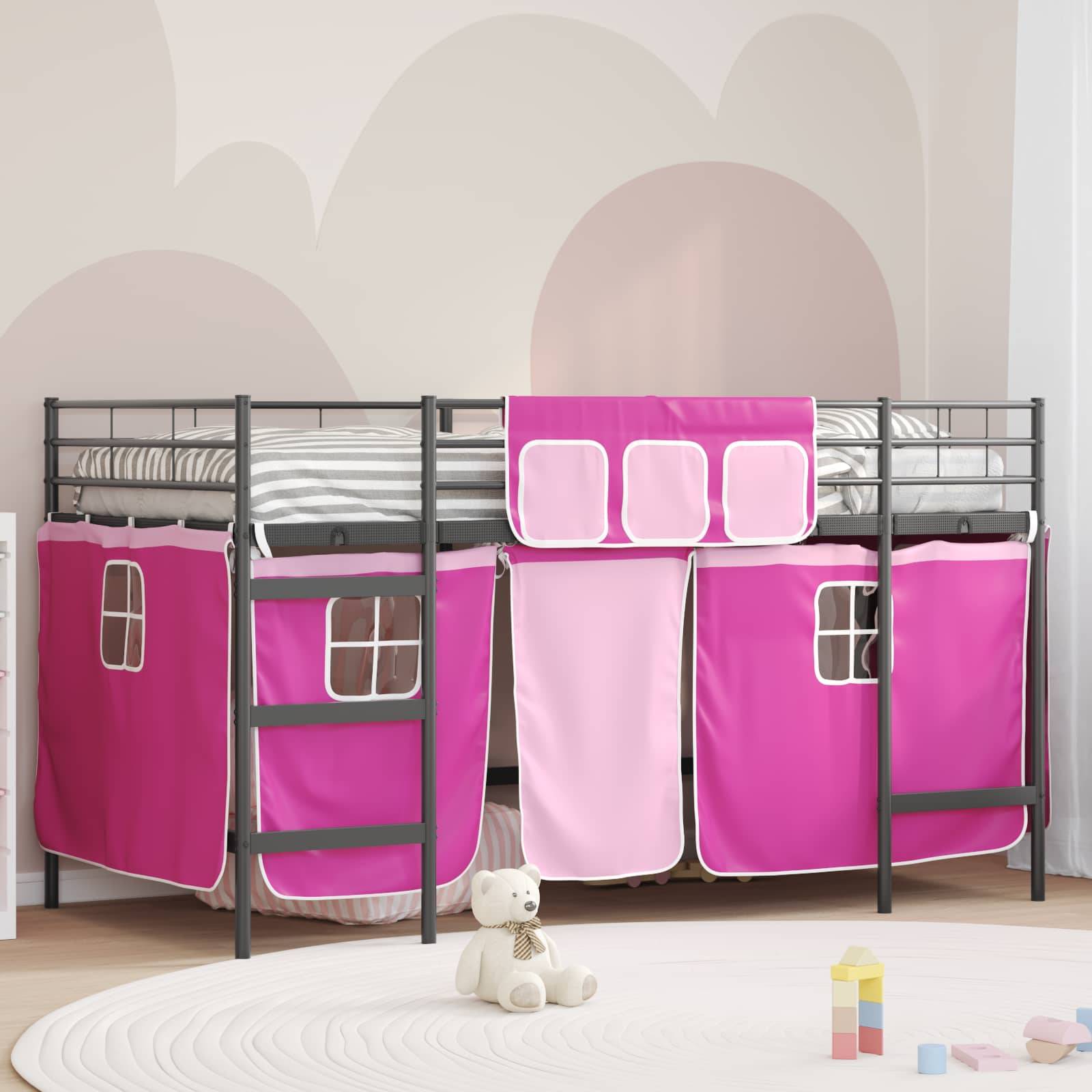 vidaXL Kinder Loft Bettgestell mit Vorhängen Uni Schwarz und Pink