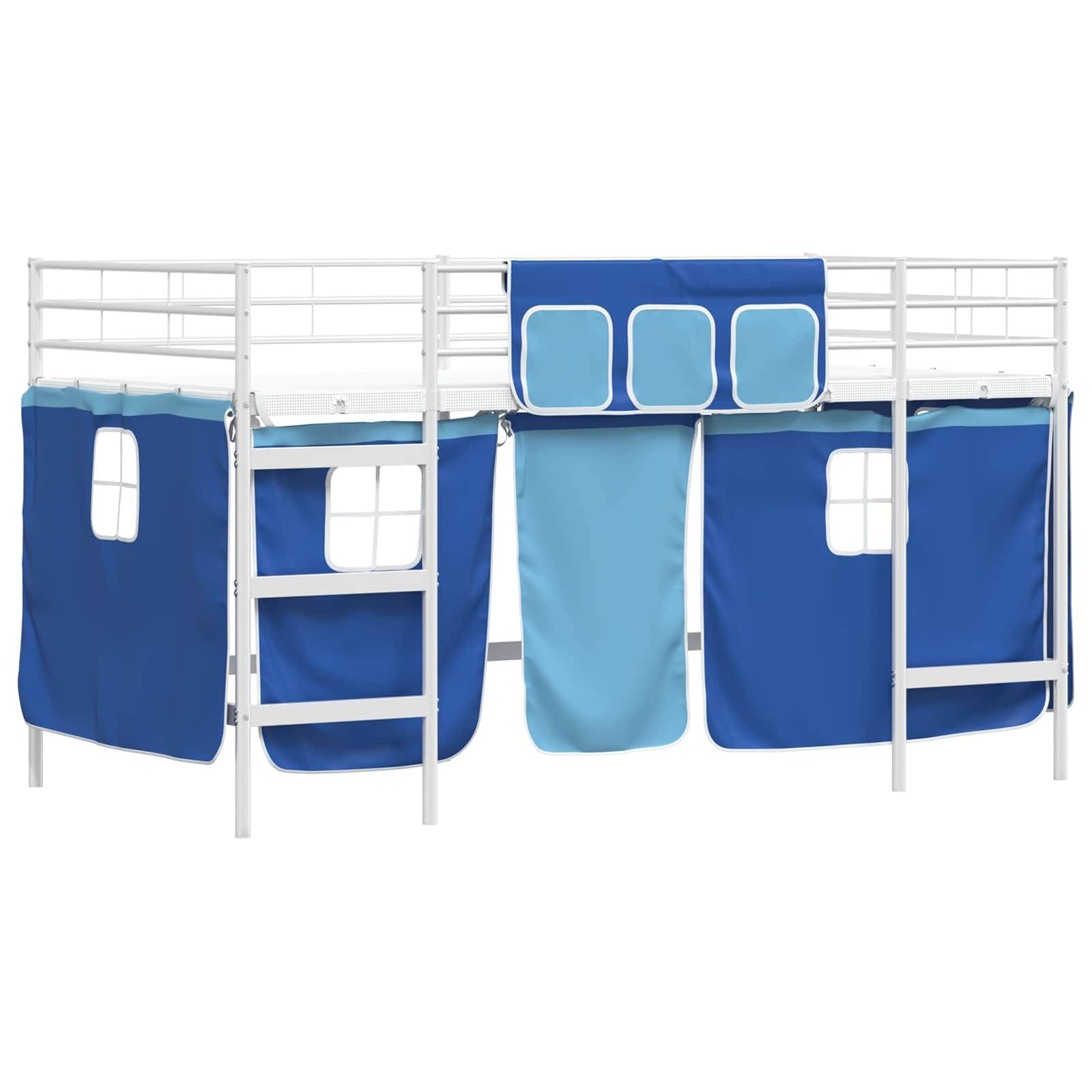 vidaXL Kinder Loft Bettgestell mit Vorhängen Weiß und Blau 90 x 200 cm