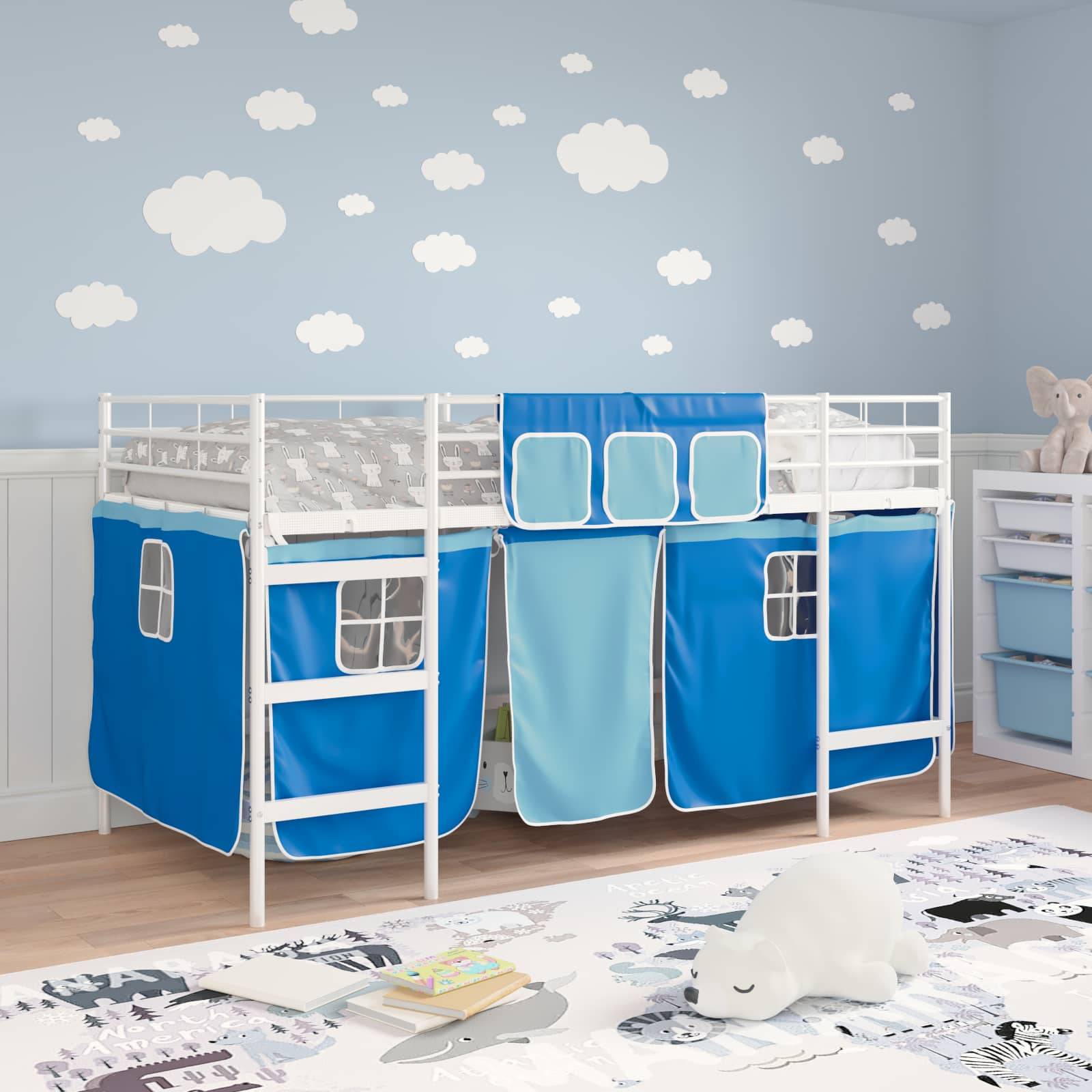 vidaXL Kinder Loft Bettgestell mit Vorhängen Weiß und Blau 90 x 200 cm