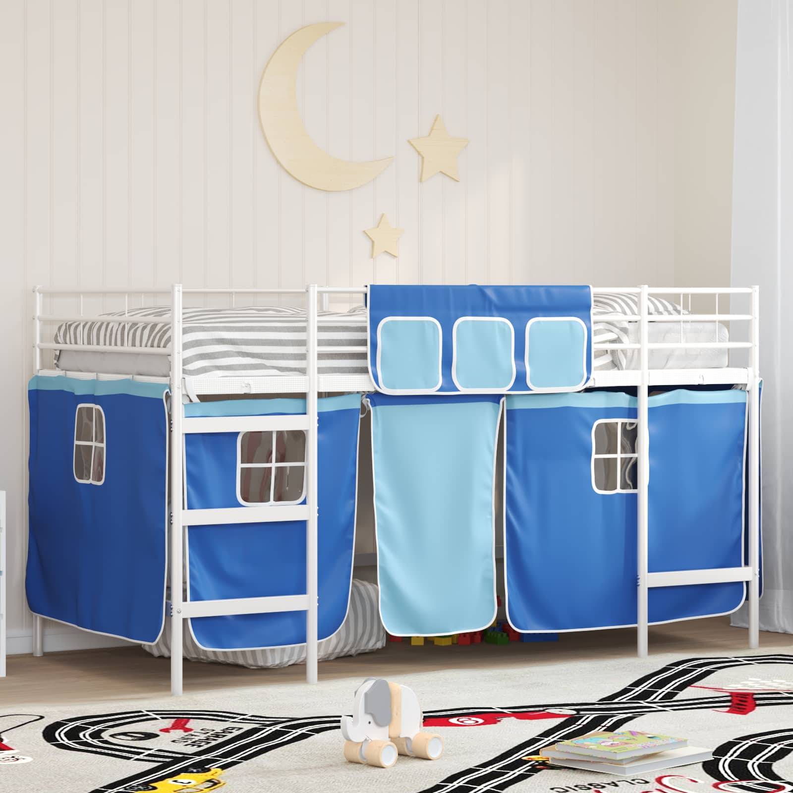 vidaXL Kinder Loft Bettgestell mit Vorhängen Weiß und Blau 90 x 200 cm