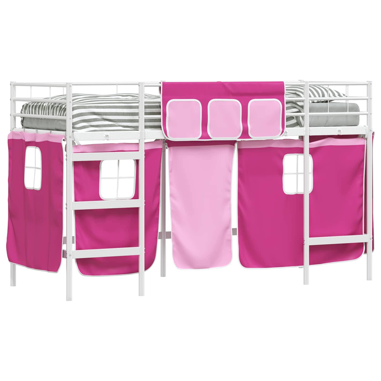 vidaXL Kinder Loft Bettgestell mit Vorhängen Weiß und Rosa 90 x 190 cm