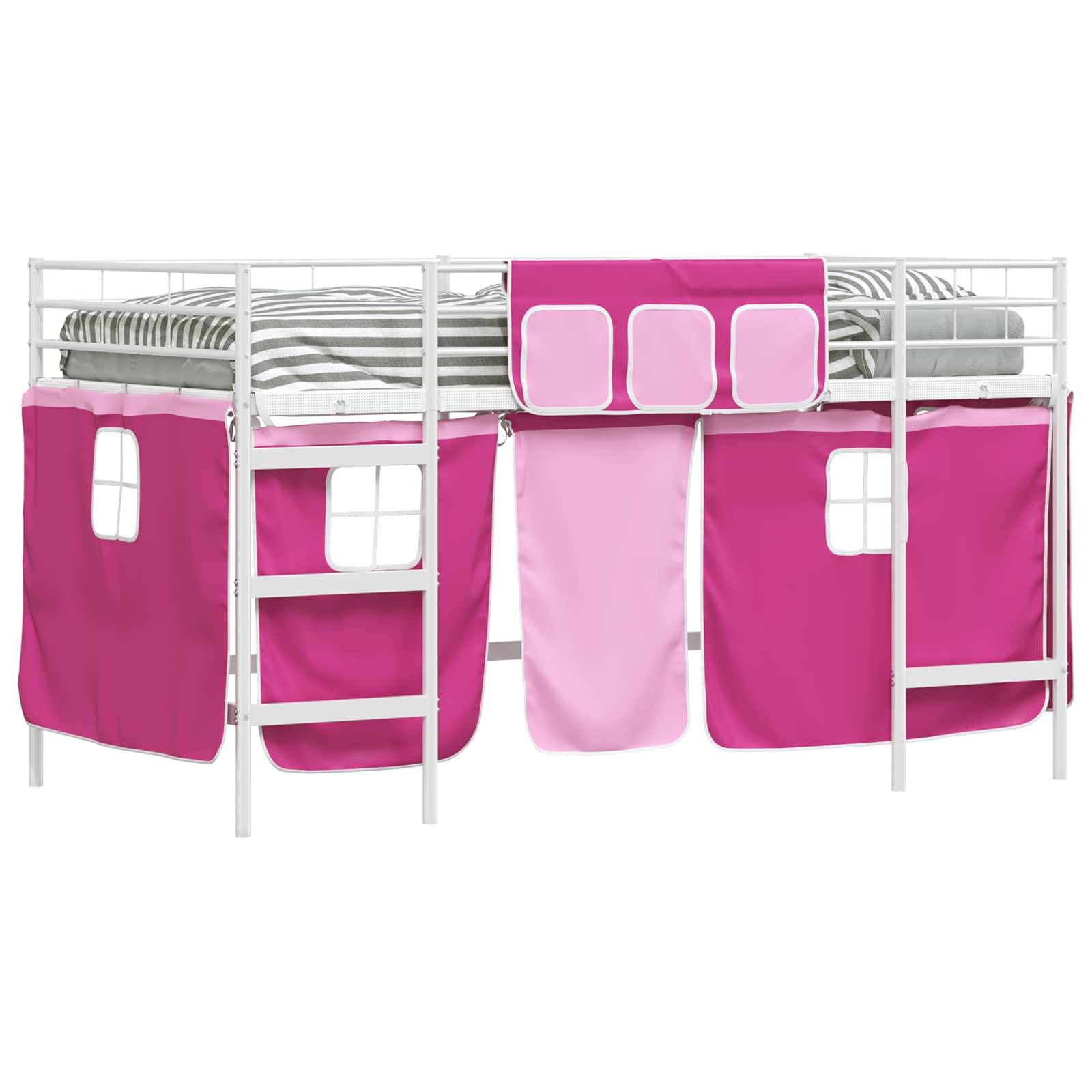 vidaXL Kinder Loft Bettgestell mit Vorhängen Weiß und Rosa 90 x 200 cm