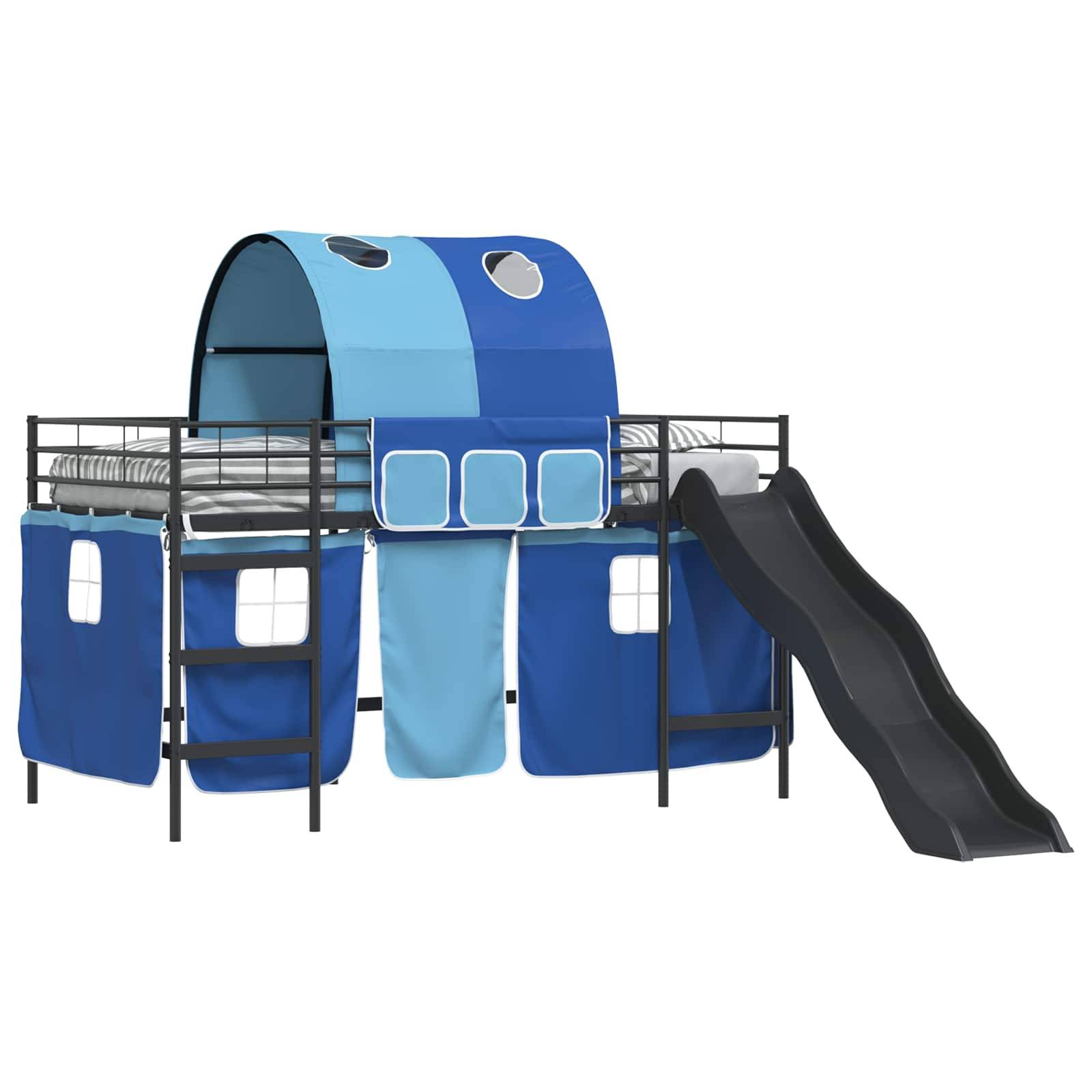 Kinderhochbett mit blauem Zeltdach, Rutsche und Leiter.