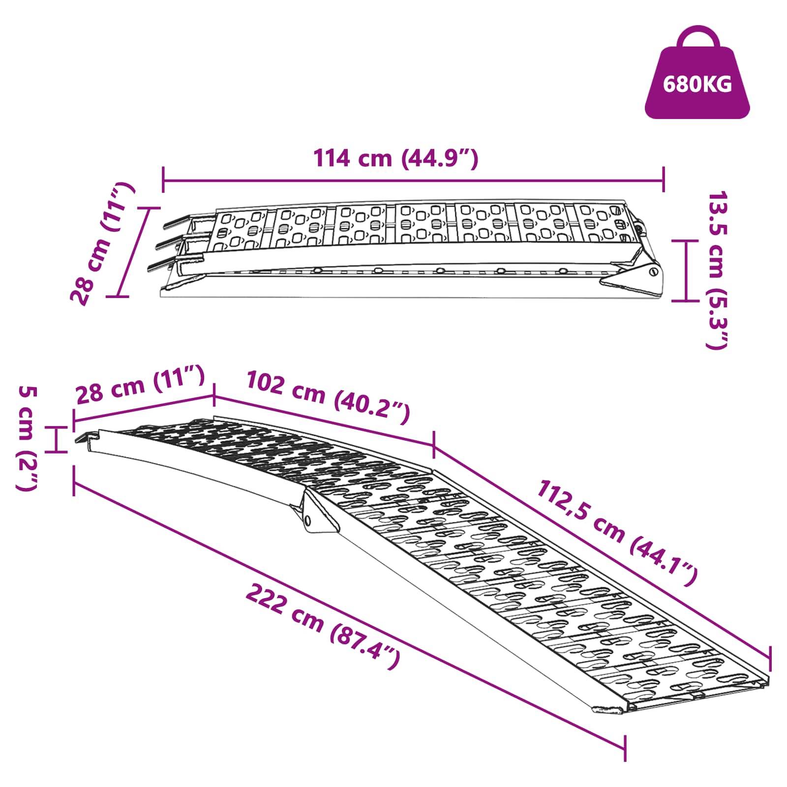 Rampendiagramm mit Abmessungen: Länge 222 cm (87,4