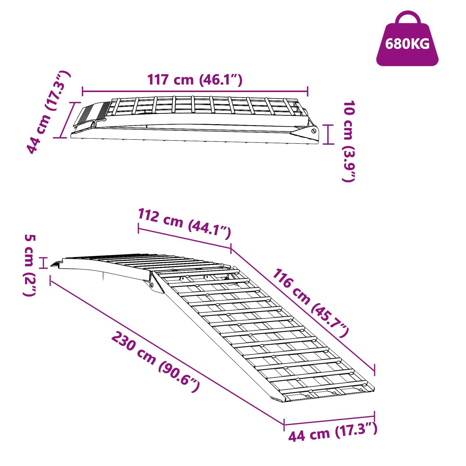 Schwerlast-Rampe mit einer Tragfähigkeit von 680 kg. Oben: 117 cm (46,1