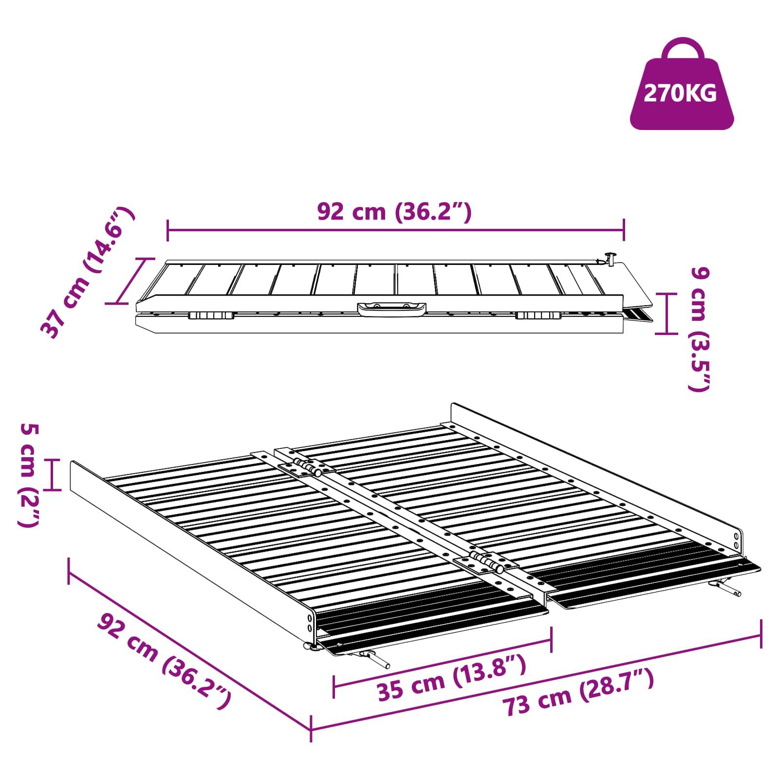 Zusammenklappbare Metallrampe Diagramm mit Abmessungen: Länge 92 cm (36,2