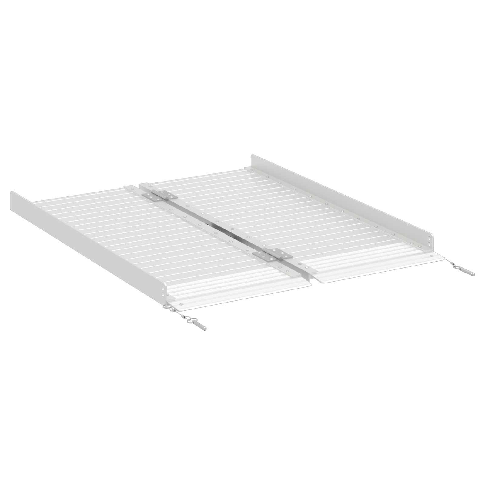 Aluminiumrampe mit faltbarem Design, bestehend aus zwei Paneelen, die durch Scharniere verbunden sind, und seitlichen Griffen für Tragbarkeit. Geeignet für Barrierefreiheit.