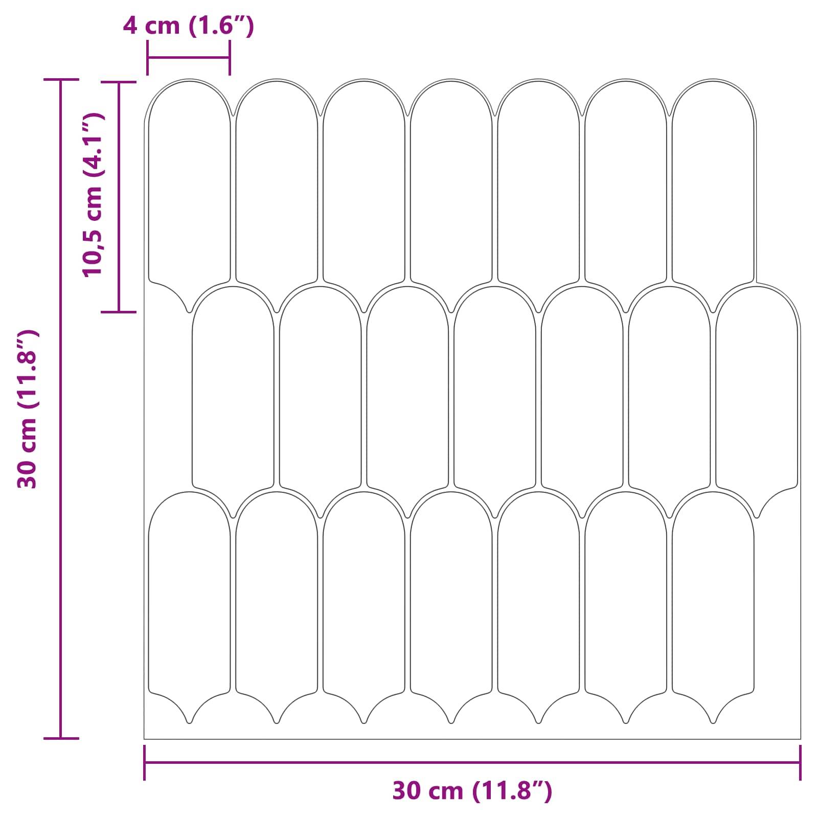 Eine Skizze, die ein Fliesenlayout zeigt, 30 cm x 30 cm, mit einem Bogenmuster. Jede Fliesenreihe ist 10,5 cm, die Breite der einzelnen Fliese beträgt 4 cm.