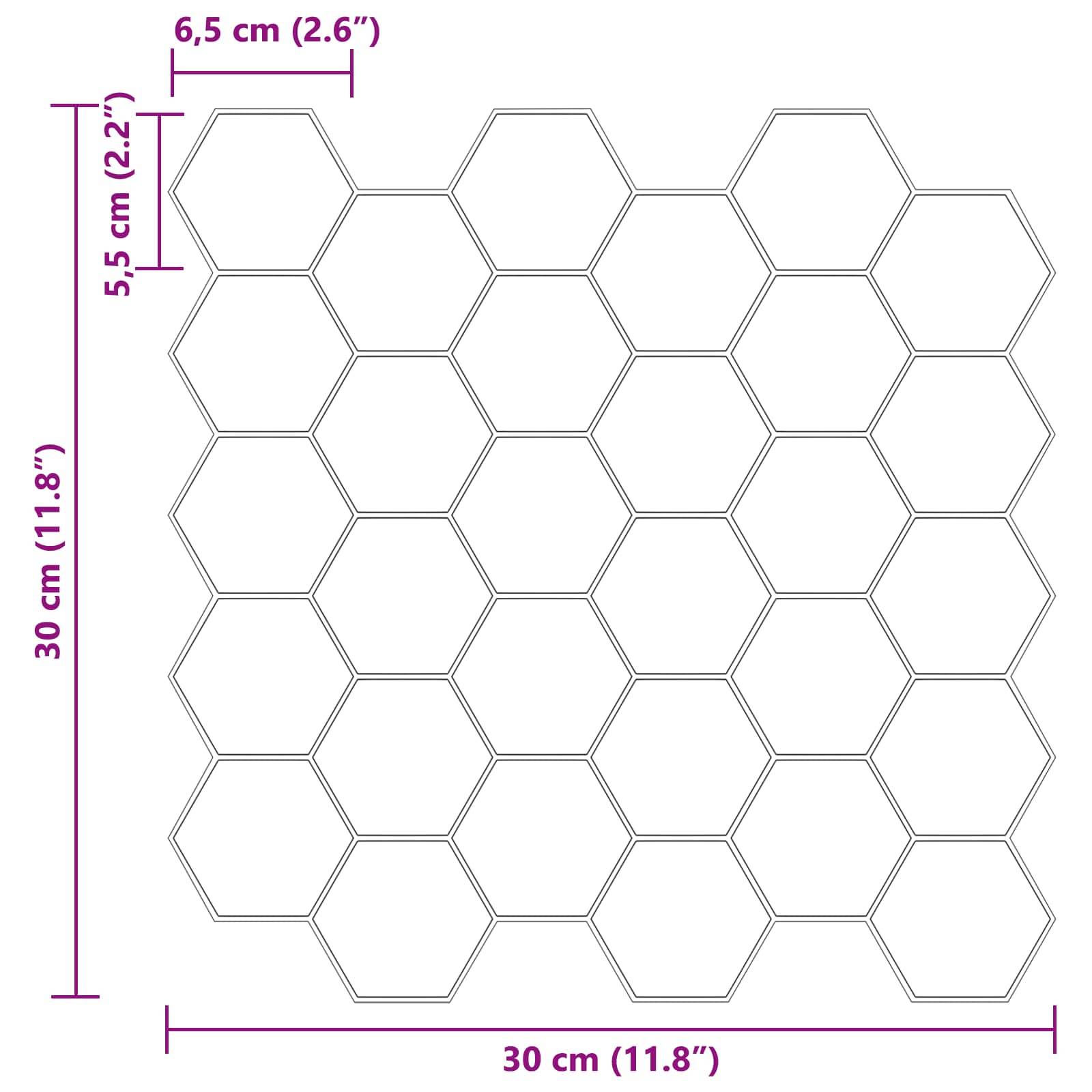 Ein hexagonales Raster mit 30 cm x 30 cm, wobei die einzelnen Hexagone 6,5 cm breit und 5,5 cm hoch sind, das deren Anordnung und Abstände zeigt.
