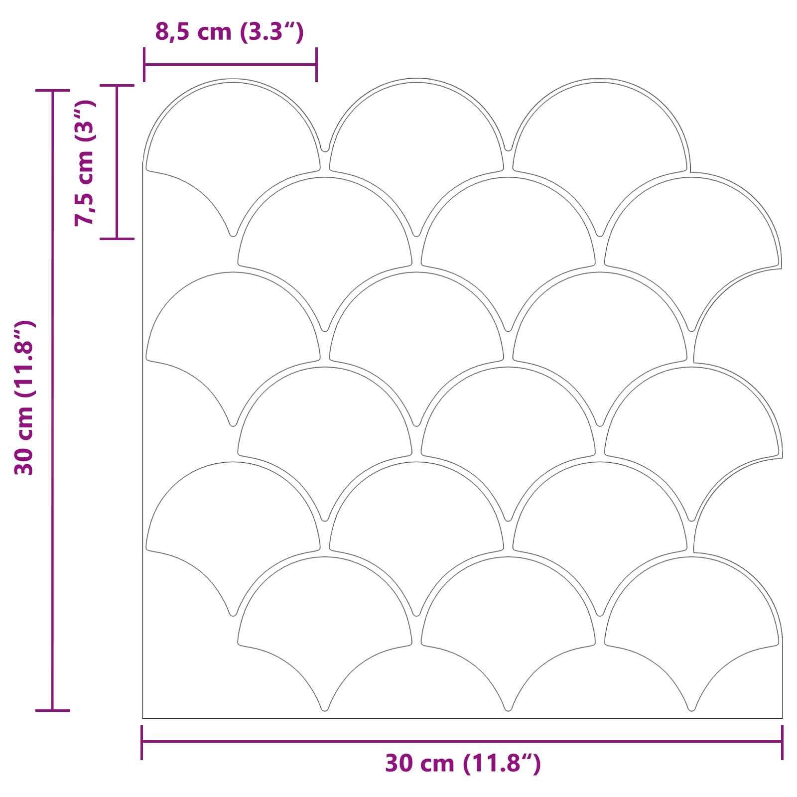 Eine Skizze, die eine quadratische Fliese mit vier Reihen überlappender Muschelschliffmuster zeigt. Abmessungen sind 30 cm x 30 cm, wobei jede Muschel 8,5 cm breit und 7,5 cm hoch ist.