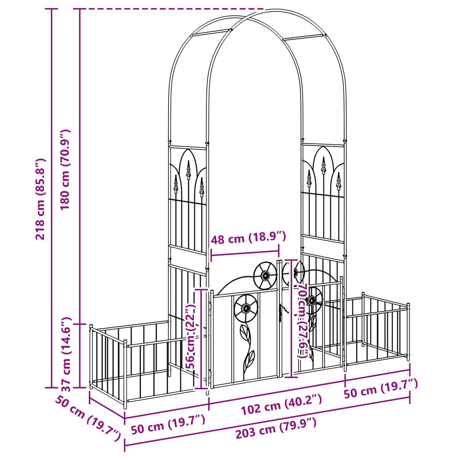 Ein Metallgarten-Torbogen mit Tor, verziert mit Blättern und Blumen. Abmessungen: 218 cm hoch, 203 cm breit und 102 cm tief.