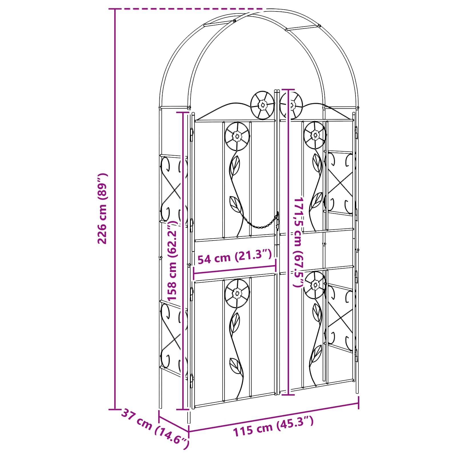 Metallischer Gartenbogen mit Blumenmotiv und Tor. Abmessungen: 226 cm (89