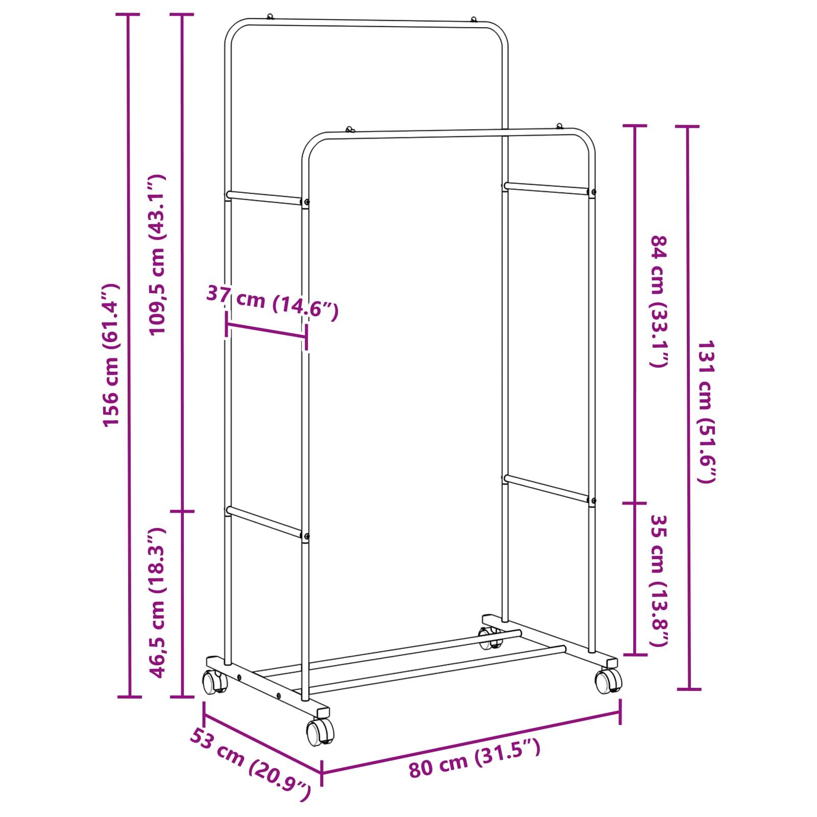Kleiderständer mit Maßen: Höhe 156 cm, Breite 80 cm, Tiefe 58 cm. Obere Stange in 109,5 cm Höhe, untere Stange in 46,5 cm Höhe. Längen: 37 cm, 35 cm.