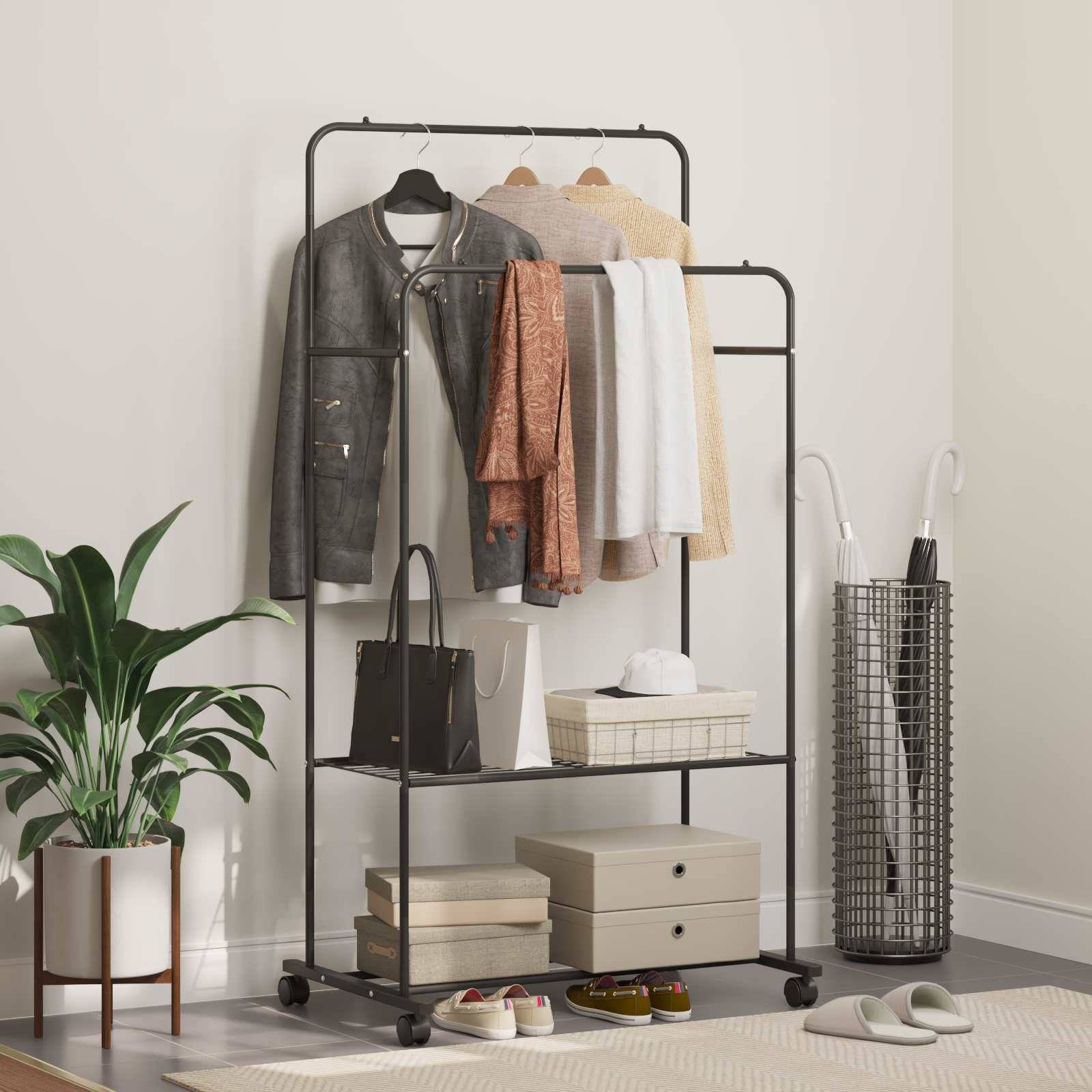 vidaXL Kleiderständer mit Regal Mit Rad Schwarz 80 x 53 x 156 cm