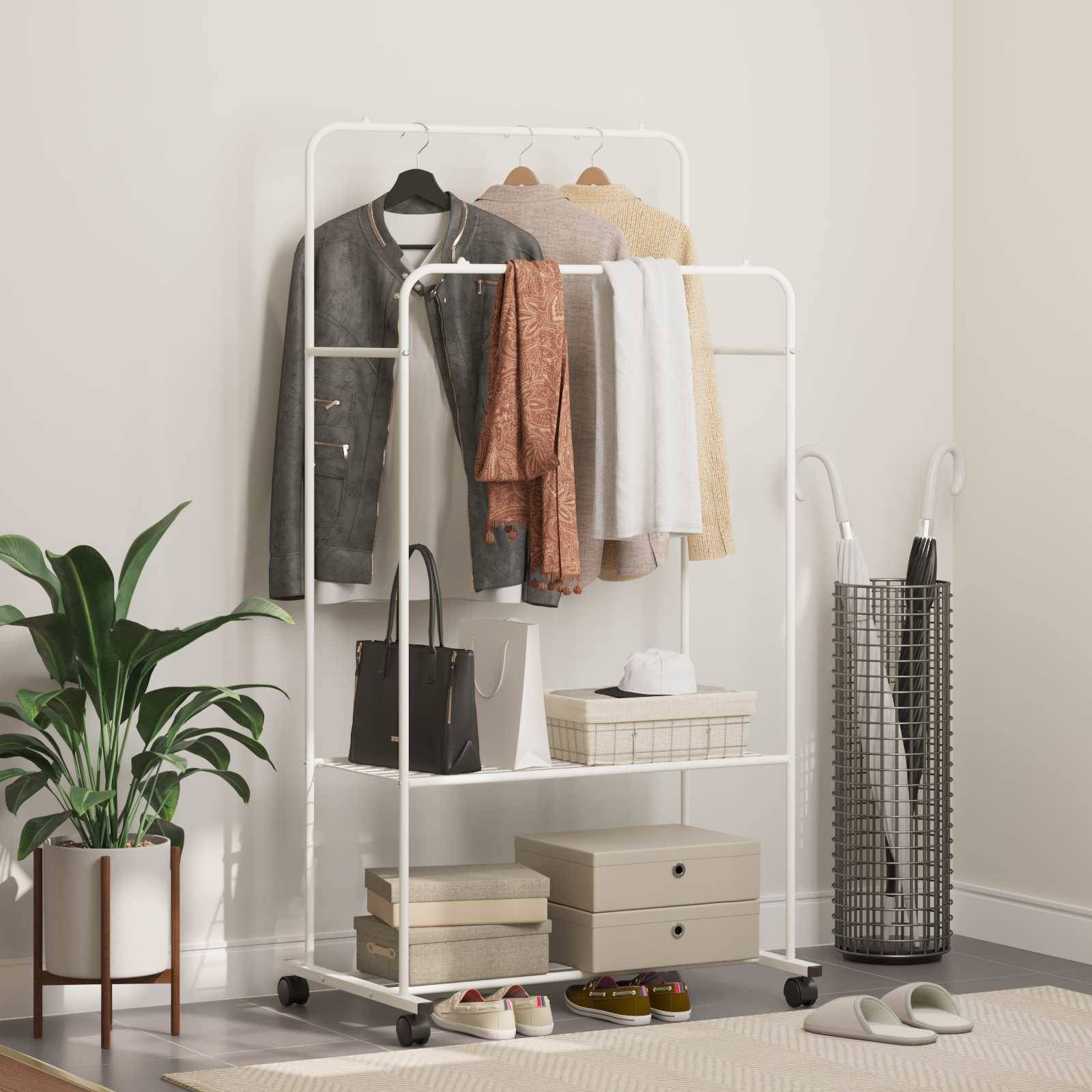 vidaXL Kleiderständer mit Regal Mit Rad Weiß 80 x 53 x 156 cm