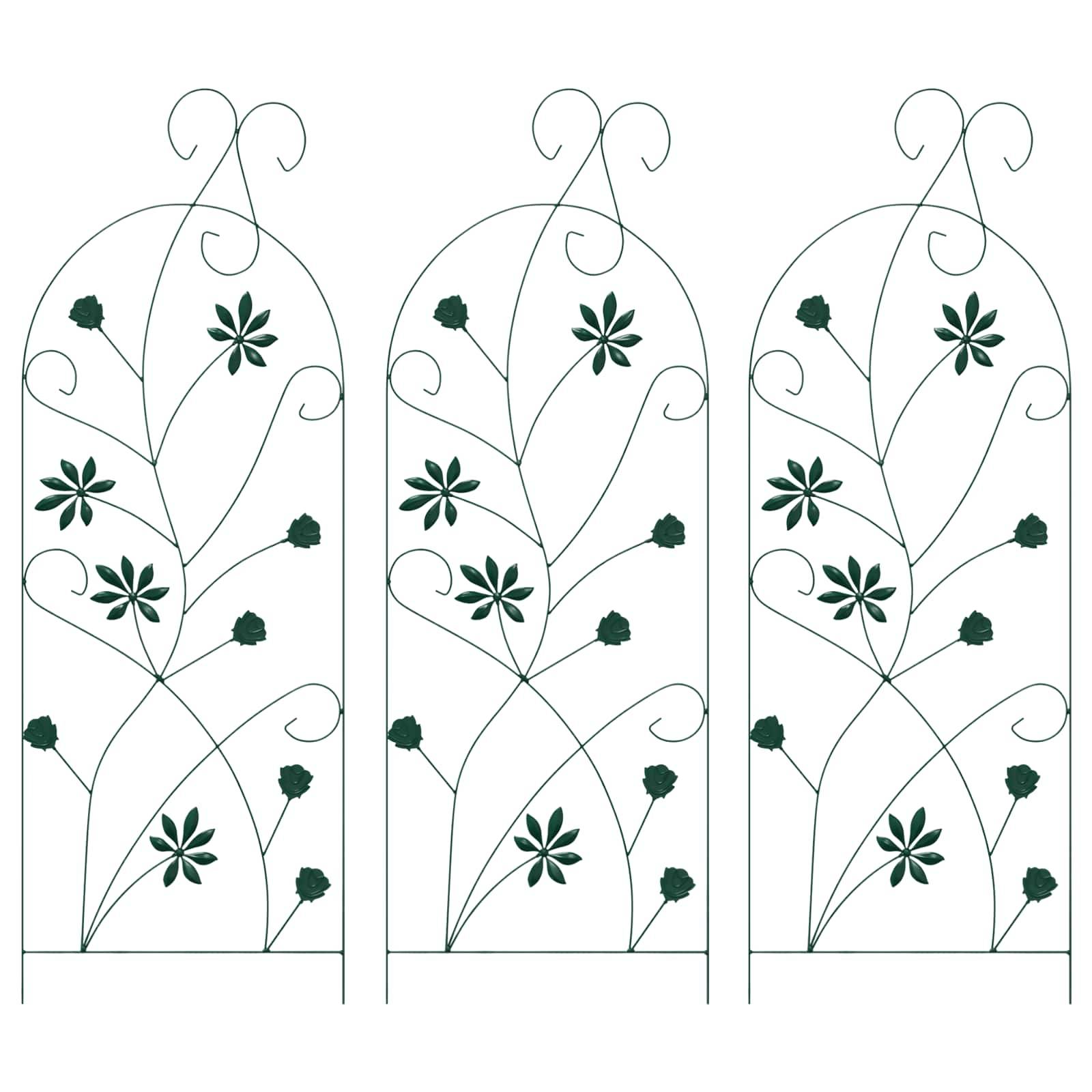 Drei dekorative Metall-Gartenspaliere mit Blumendesigns und Spiralen, die Stängel und blühende Blumen in einem symmetrischen Muster aufweisen.
