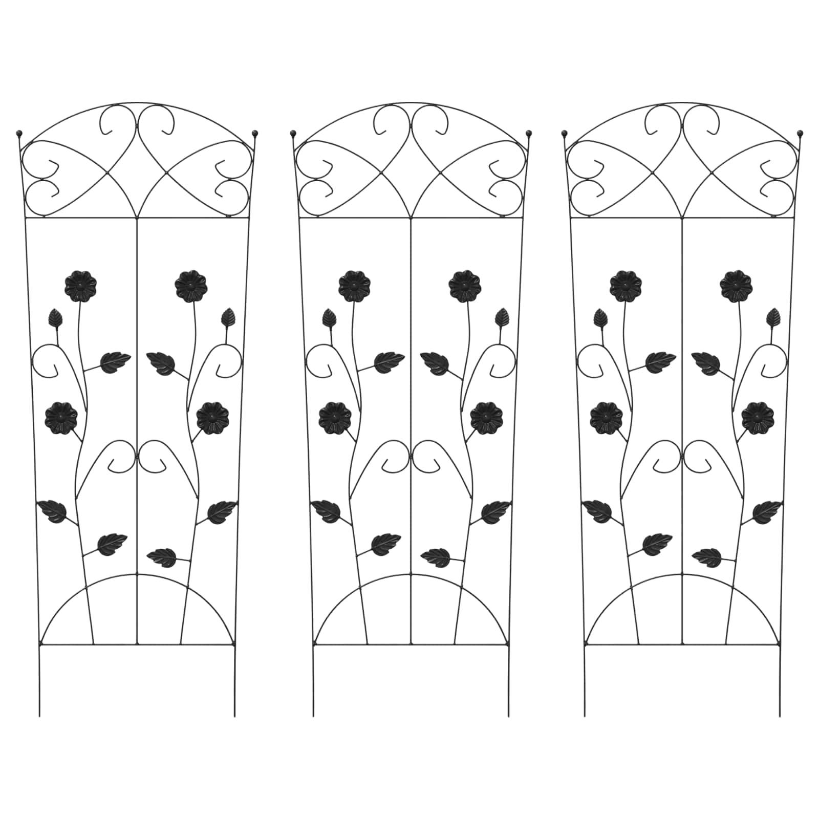 Drei dekorative Gartenspaliere mit kunstvollen, symmetrischen Designs, die Rosenmotive aufweisen. Jedes Spalier hat Schnörkelwerk und florale Muster.