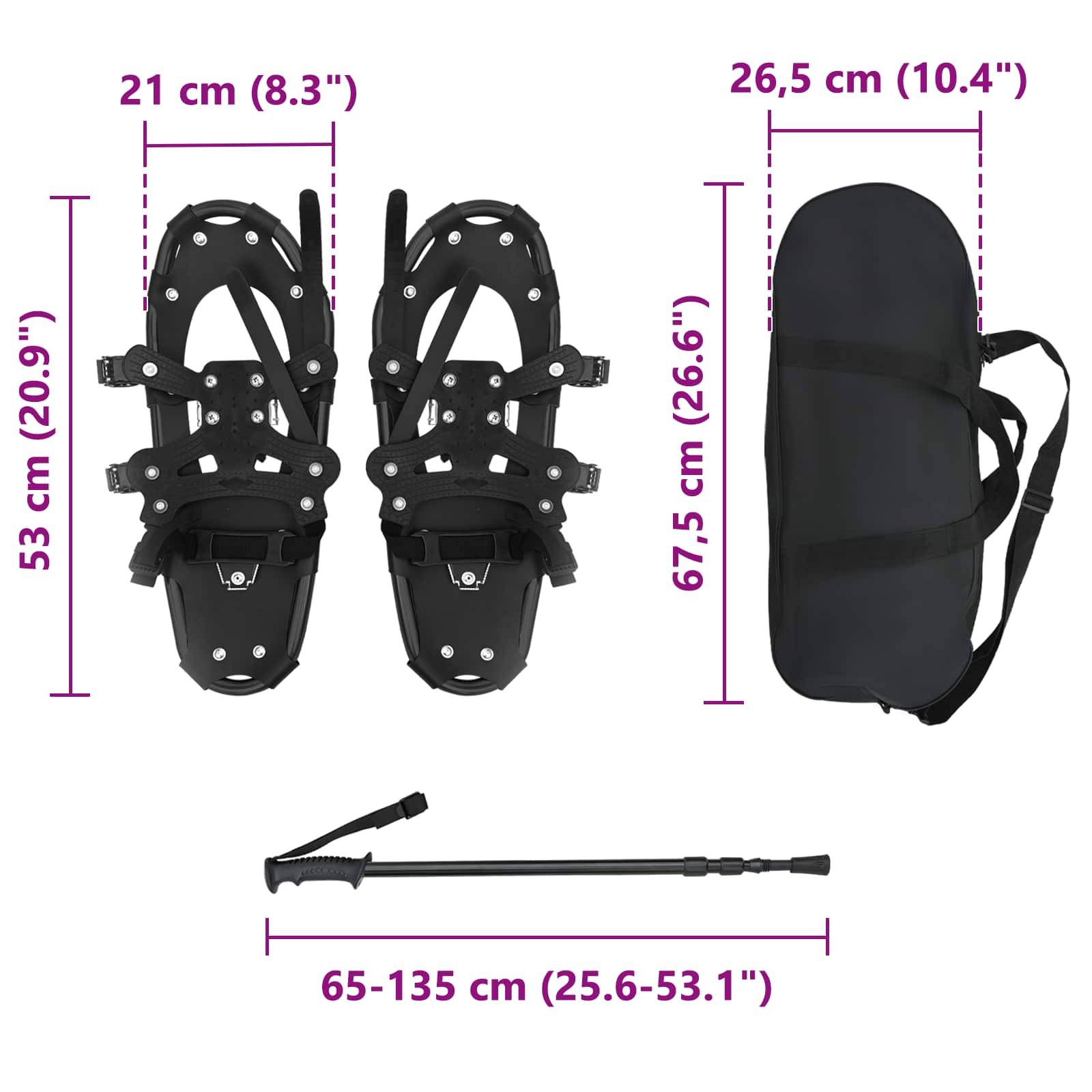 vidaXL 3 in 1 Schneeschuhe mit Wanderstöcken Schwarz 53 x 21 cm