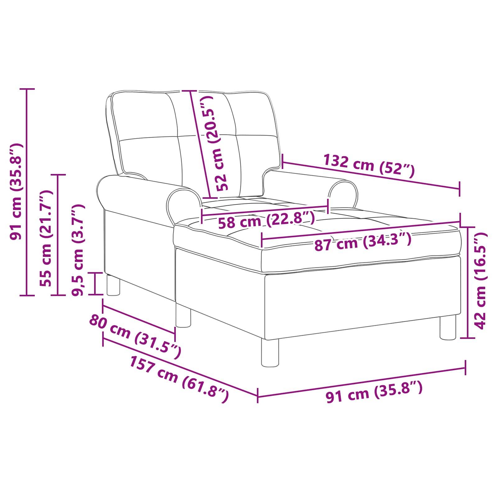 Linienzeichnung eines Sofas mit Récamiere, beschriftet mit Maßen: 132 cm breit, 91 cm hoch, Récamiere 157 cm lang, Sitzhöhe 42 cm.