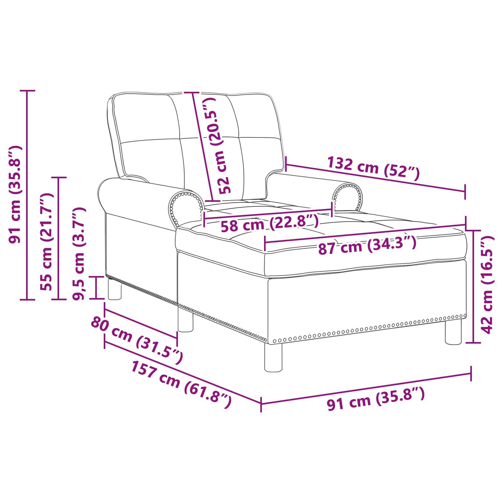 Sessel und Ottomane mit Maßen: Sessel ist 132 cm breit und 91 cm hoch; Ottomane ist 91 cm breit, 55 cm hoch. Beide sind 157 cm lang.