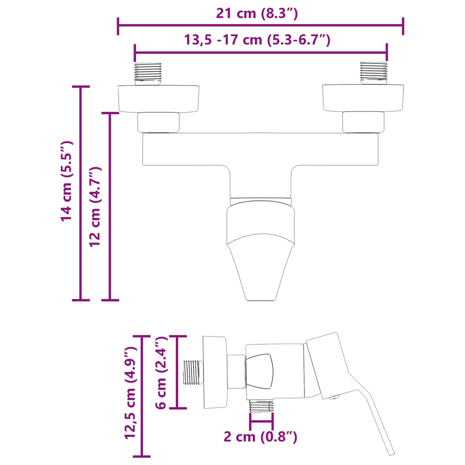 Technische Zeichnung eines Wasserhahns mit Maßangaben: Breite 21 cm (8,3