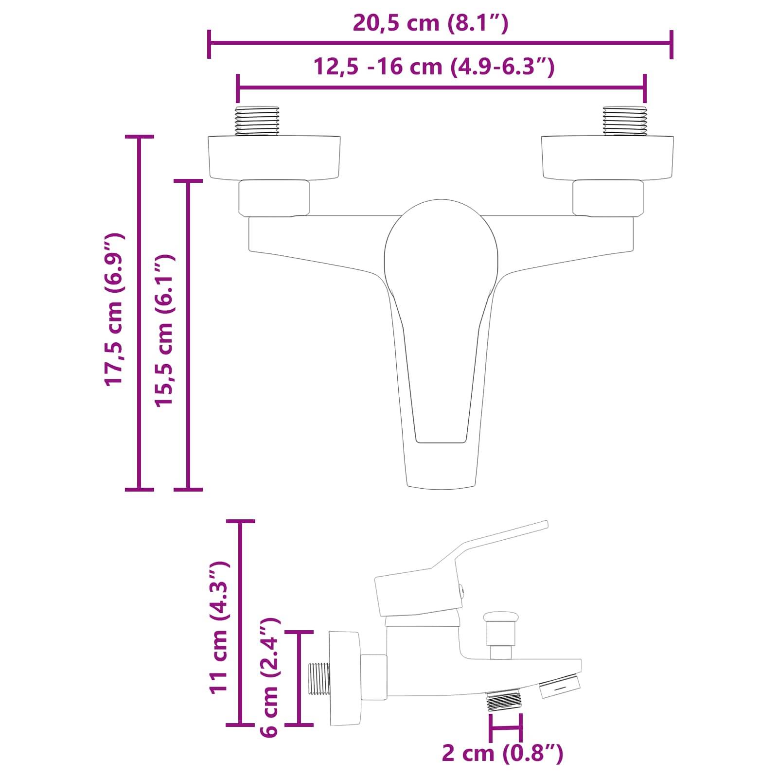 Abmessungen eines Wasserhahns: Breite 20,5 cm, Höhe 17,5 cm. Auslauflänge: 15,5 cm ab Basis. Weitere Abmessungen: 12,5-16 cm Breite, 11 cm Höhe.