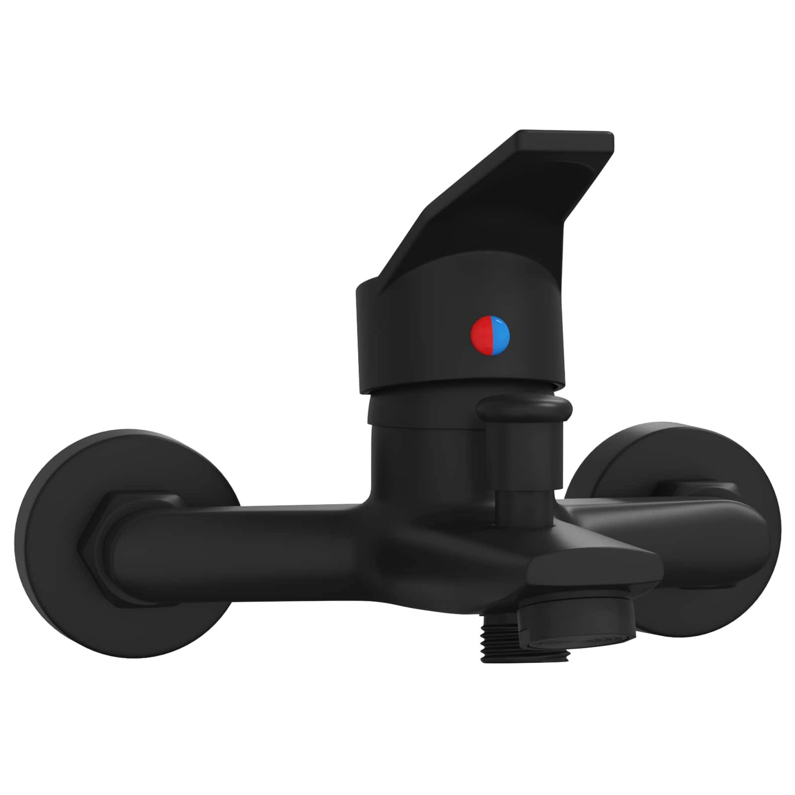 Ein schlanker, moderner schwarzer Badezimmer-Wasserhahn mit einem einzelnen Hebel, der blaue und rote Anzeiger für die Steuerung von Warm- und Kaltwasser zeigt.