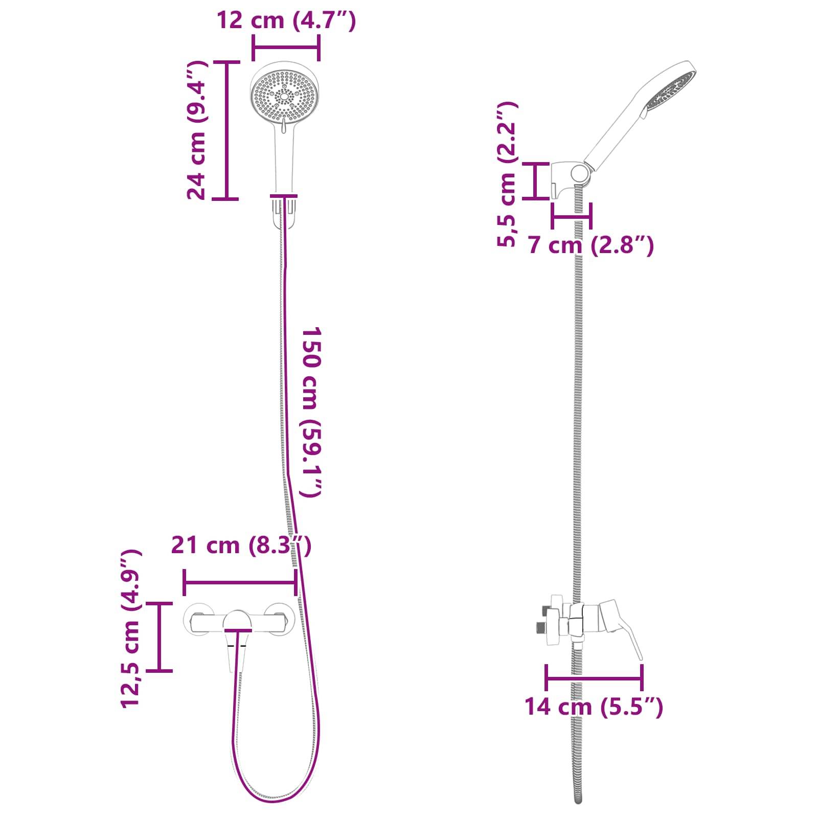 Diagramm zur Darstellung der Abmessungen eines Duschsets. Links: Duschkopfhöhe beträgt 150 cm (59,1 Zoll) mit Angaben zur Breite und Handgriffslänge. Rechts: Alternative Ansicht mit Schlauchlänge und Griffdetails.