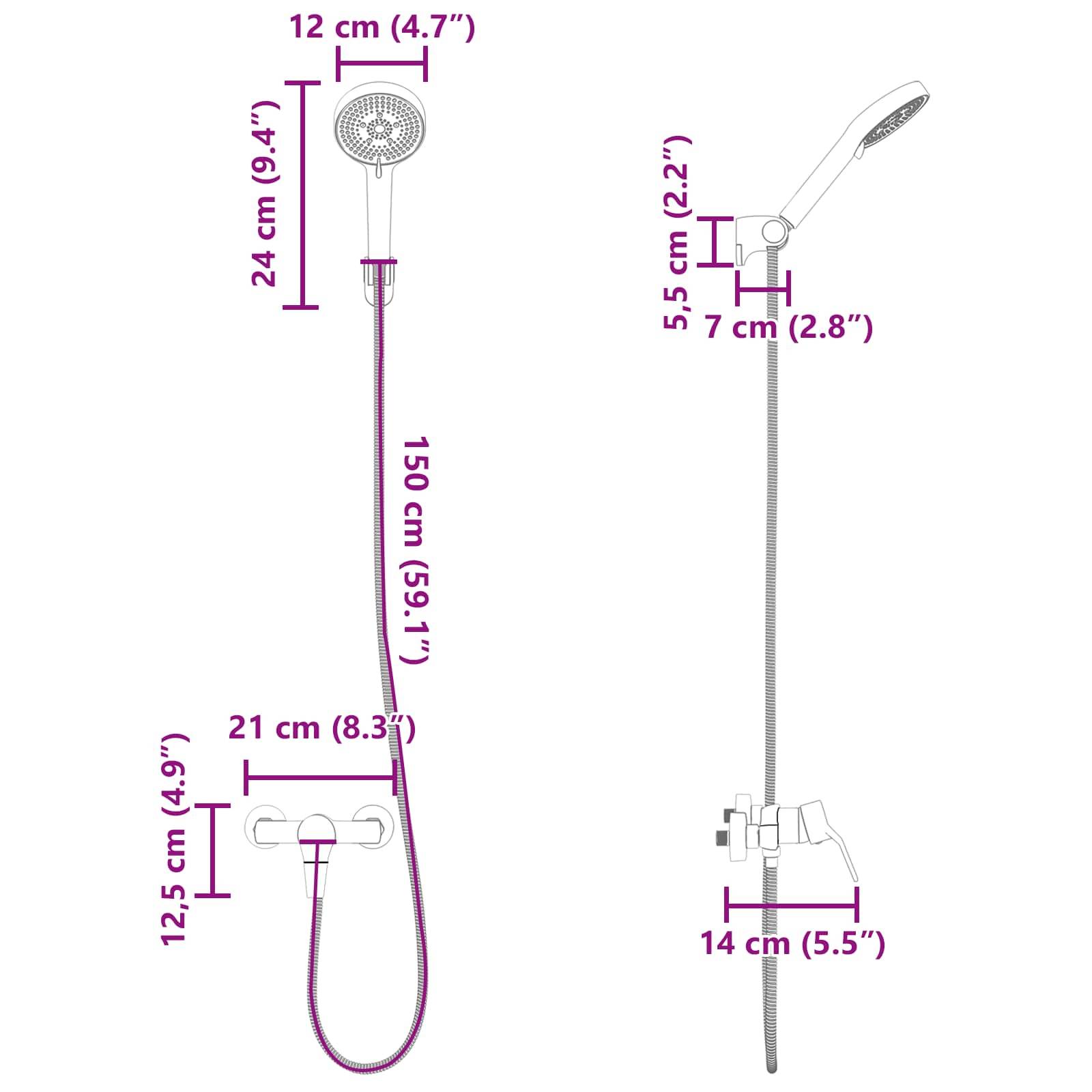 Diagramm von zwei Duschkopfmodellen mit Maßangaben: Links - 24 cm Kopfhöhe, 12 cm Durchmesser, 150 cm Schlauch. Rechts - 5,5 cm Höhe, 7 cm Breite, 14 cm Länge.