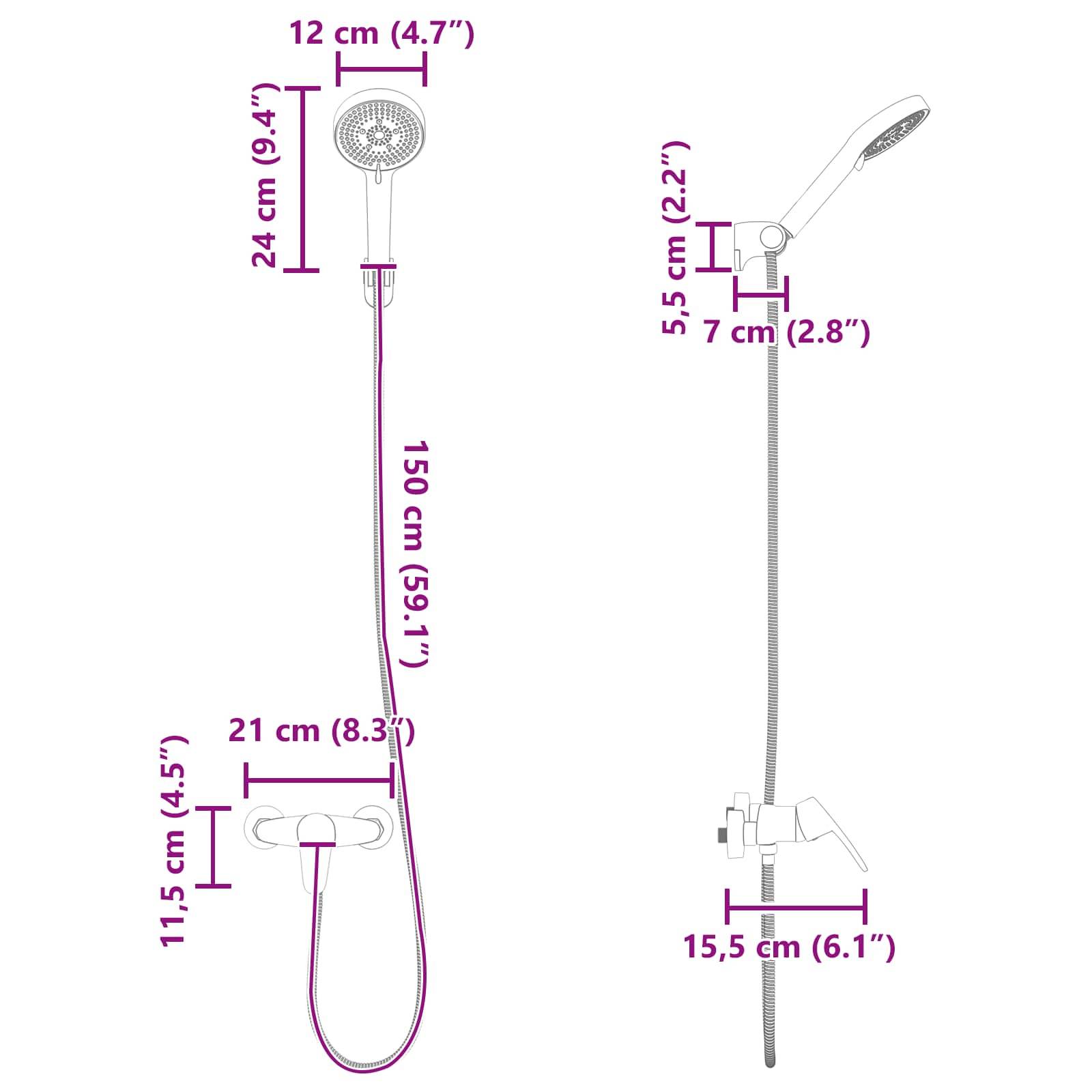 Diagramm zur Darstellung der Abmessungen eines Duschsystems, einschließlich Brausekopfhöhe von 24 cm, Schlauch­länge von 150 cm und Armaturabmessungen.